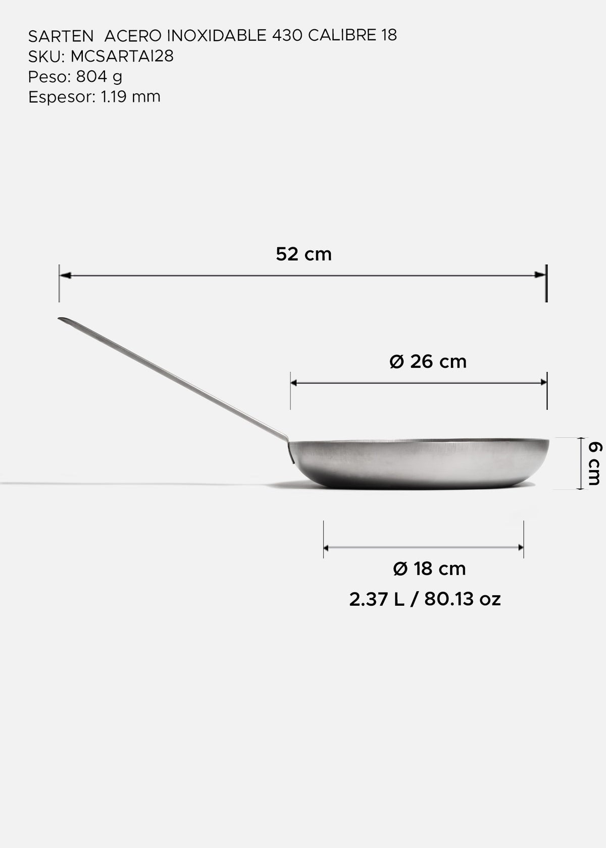 Sartén profesional de acero inoxidable 430 calibre 18 plata para food service. Largo 54 cm, ancho 30.2 cm, alto 5 cm, capacidad 2.5 L, Ø 11" (28 cm) — imagen de producto