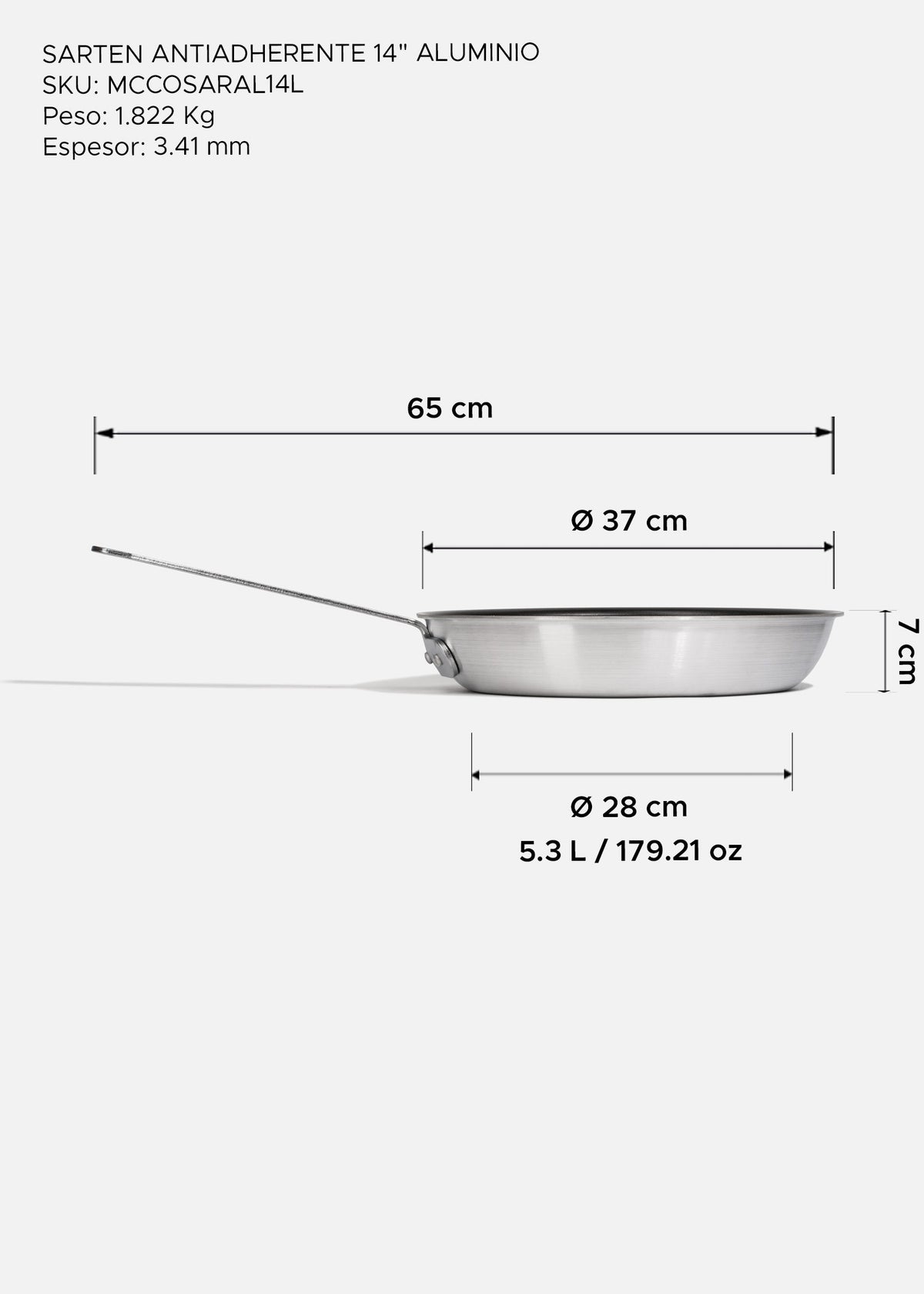 Sartén profesional de aluminio antiadherente plata con negro. Largo 65 cm, alto 7 cm, capacidad 355 ml, Ø 14" (35.5 cm) — imagen de producto
