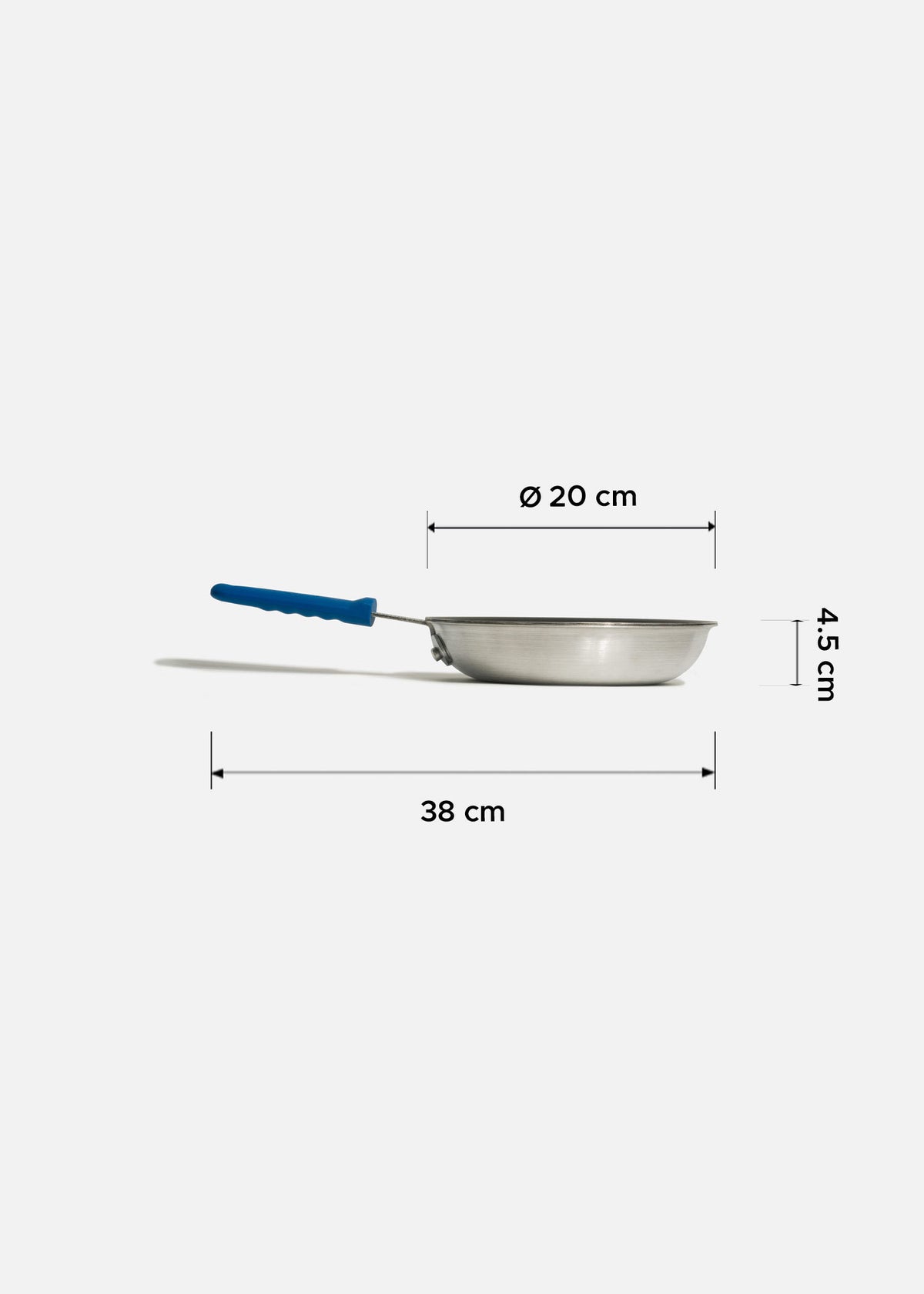 Sartén de aluminio grado alimenticio plateado triple fuerte mango azul NSF. Largo 38 cm, ancho 3 cm, alto 4.5 cm, Ø 8" (20 cm) — imagen de producto