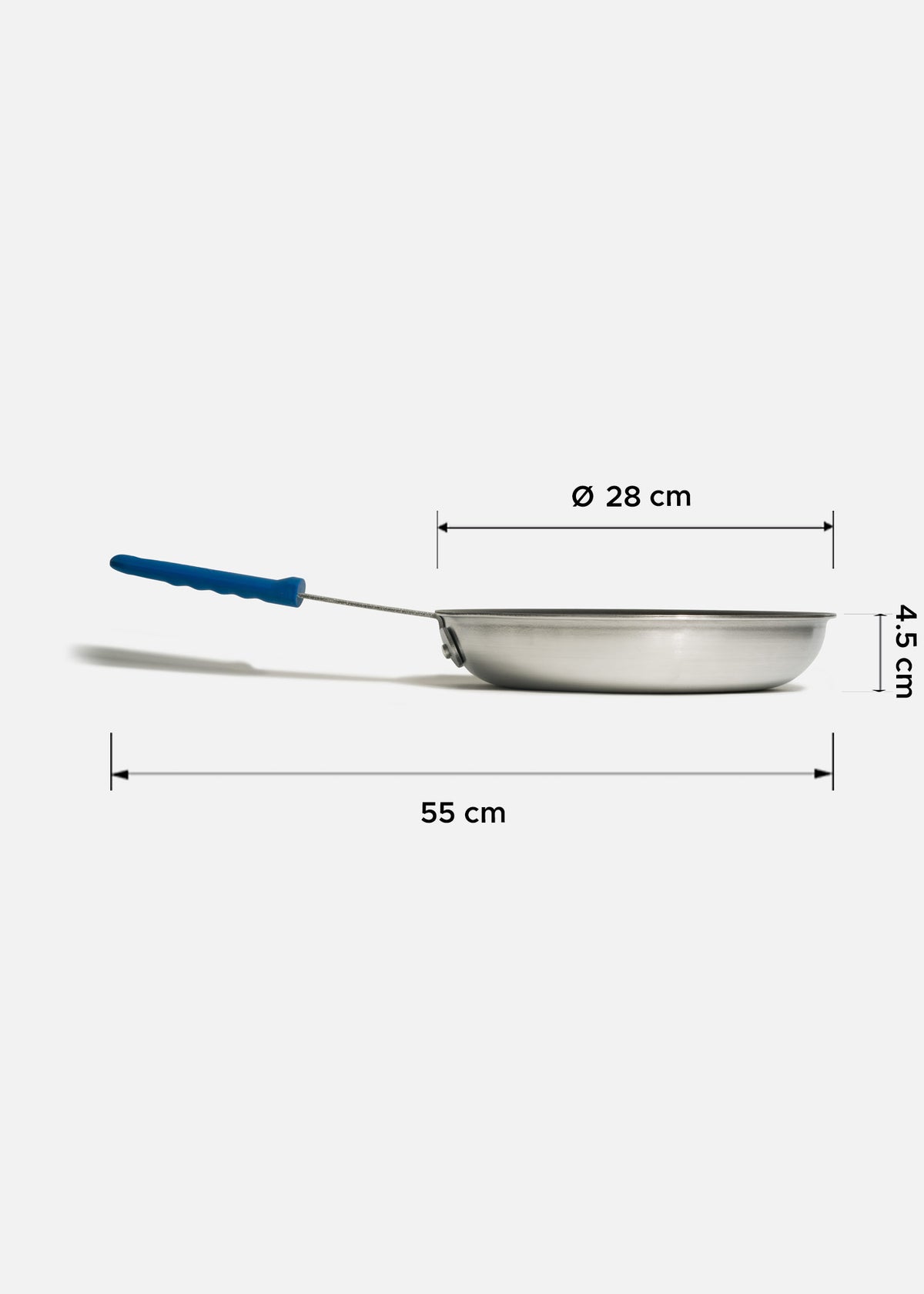 Sartén de aluminio grado alimenticio plateado triple fuerte mango azul NSF. Largo 55 cm, ancho 3 cm, alto 4.5 cm, Ø 11" (28 cm) — imagen de producto