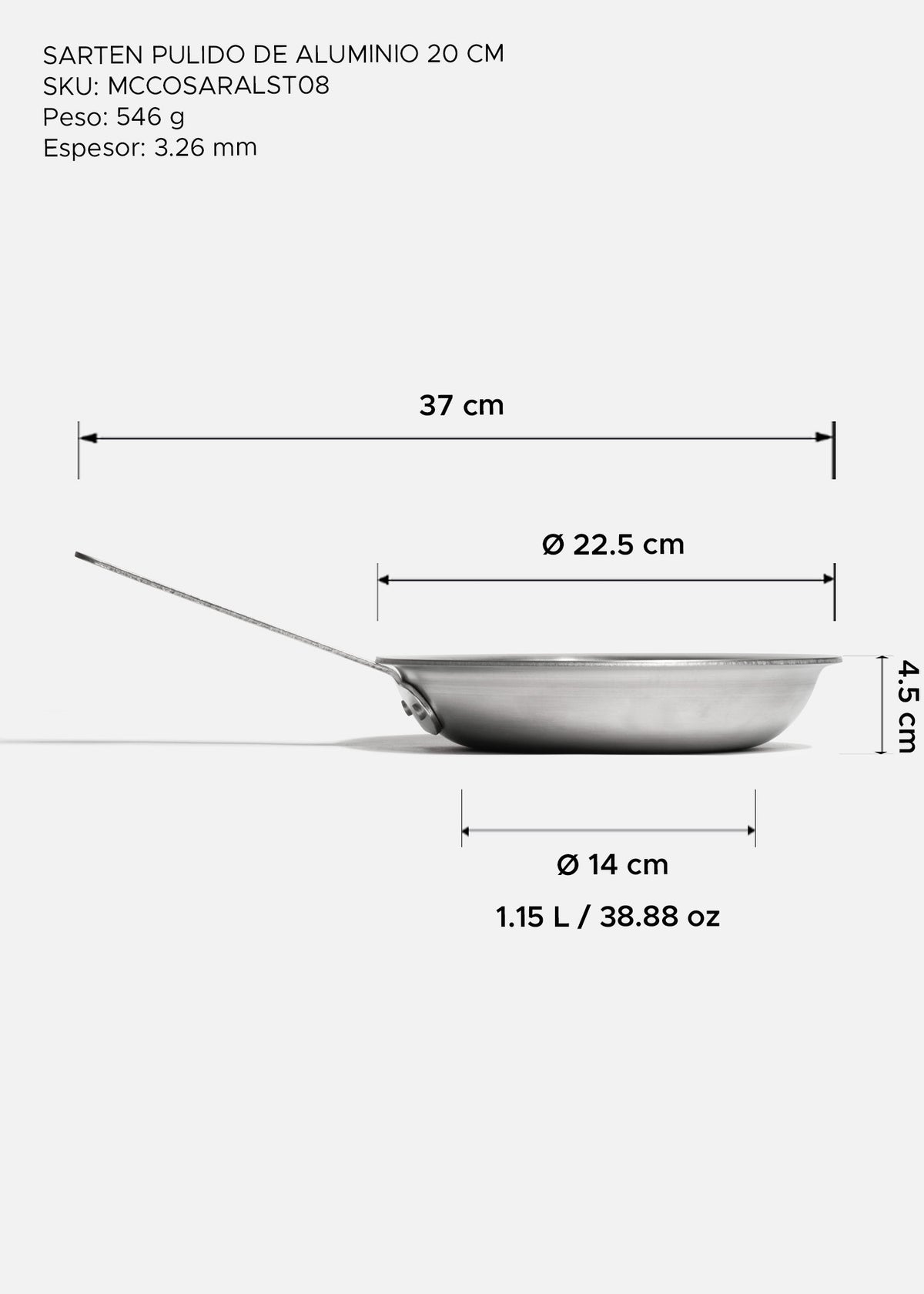Sartén profesional de aluminio pulido plata para cocina y food service. Largo 37 cm, ancho 2.4 cm, alto 4.5 cm, capacidad 1.1 L, Ø 8" (20 cm) — imagen de producto