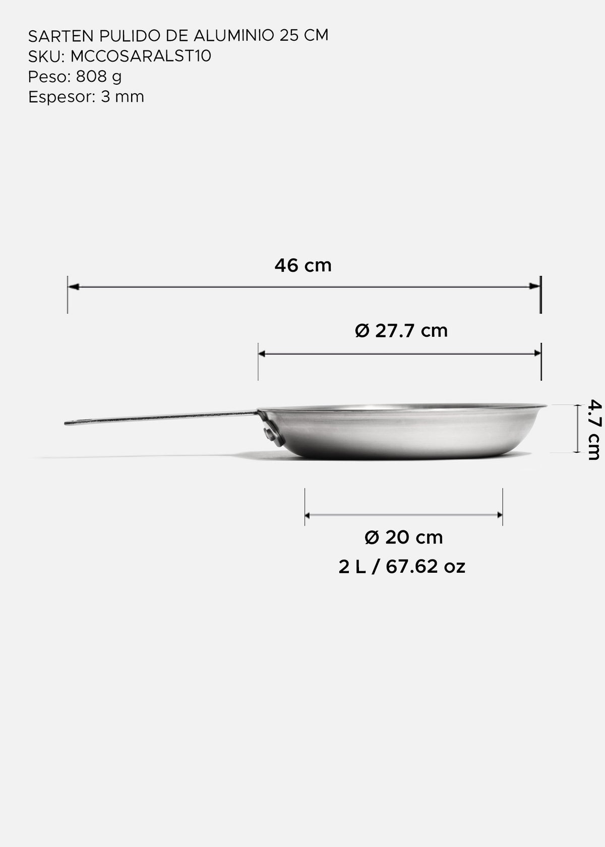 Sartén profesional de aluminio pulido plata para cocina y restaurante uso rudo. Largo 46 cm, ancho 2.4 cm, alto 4.7 cm, capacidad 2 L, Ø 11" (25 cm) — imagen de producto