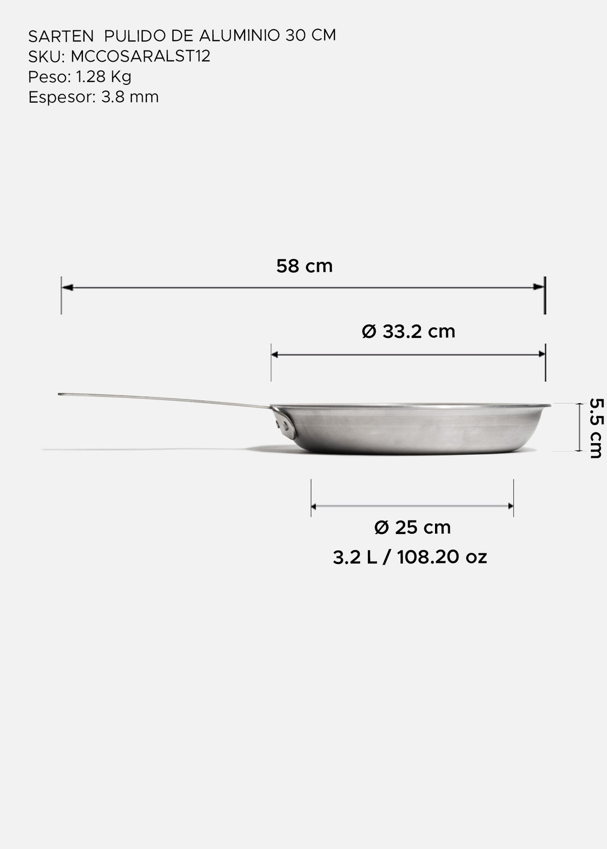 Sartén profesional de aluminio pulido plata para cocina y food service. Largo 58 cm, ancho 20.3 cm, alto 5.5 cm, capacidad 3.2 L, Ø 12" (30 cm) — imagen de producto