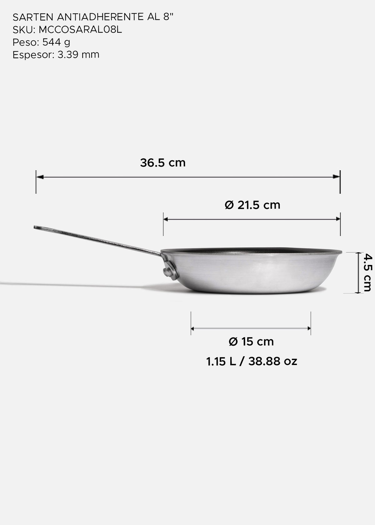 Sartén antiadherente profesional de aluminio plata con negro para cocción y preparación de alimentos Cook Easy. Largo 36.5 cm (14"), ancho 2.3 cm (1"), alto 4.5 cm (2"), Ø 21.5 cm (8") — imagen de producto