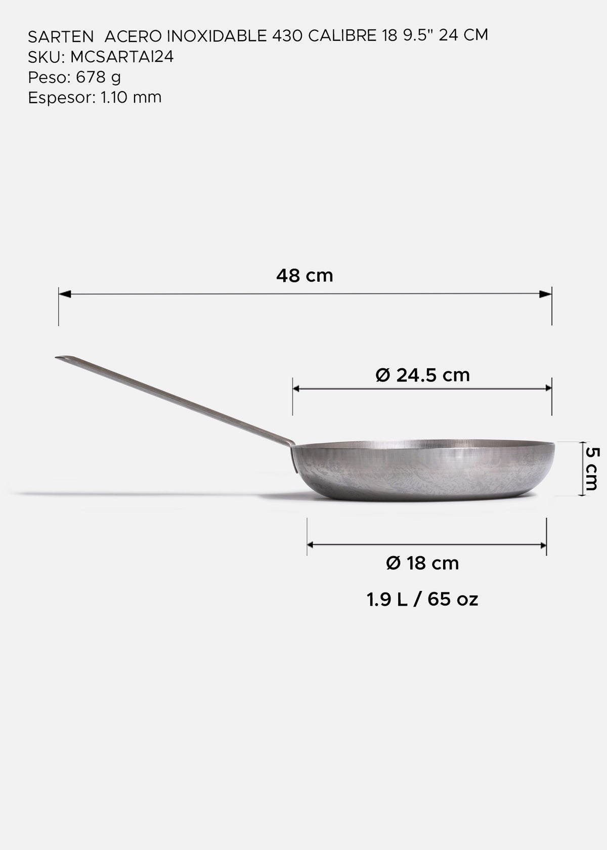 Sartén profesional plata de acero inoxidable 430 calibre 18. Largo 48 cm, ancho 3 cm alto 5 cm, capacidad 1.9 L, Ø 9.5" (24.5 cm) — imagen de producto