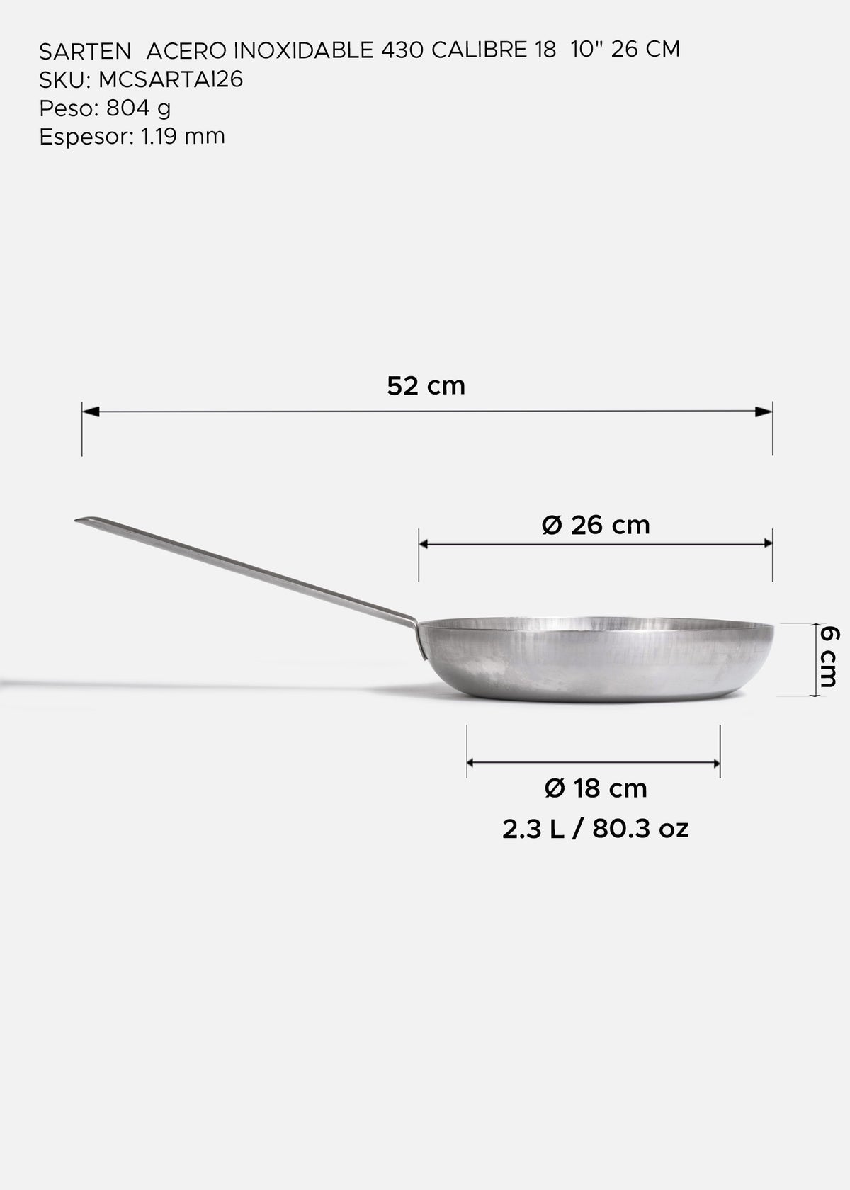 Sartén profesional plata de acero inoxidable 430 calibre 18. Largo 52 cm, ancho 3.3 cm, alto 6 cm, capacidad 20.3 L, Ø 10" (26 cm) — imagen de producto