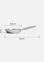 Sartén de acero inoxidable quirúrgico plata para cocción y preparación de alimentos Silver Chef. Largo 42.5 cm (17"), ancho 3 cm (1"), alto 5 cm (2"), Ø 20 cm (8") — imagen de producto, vista 1
