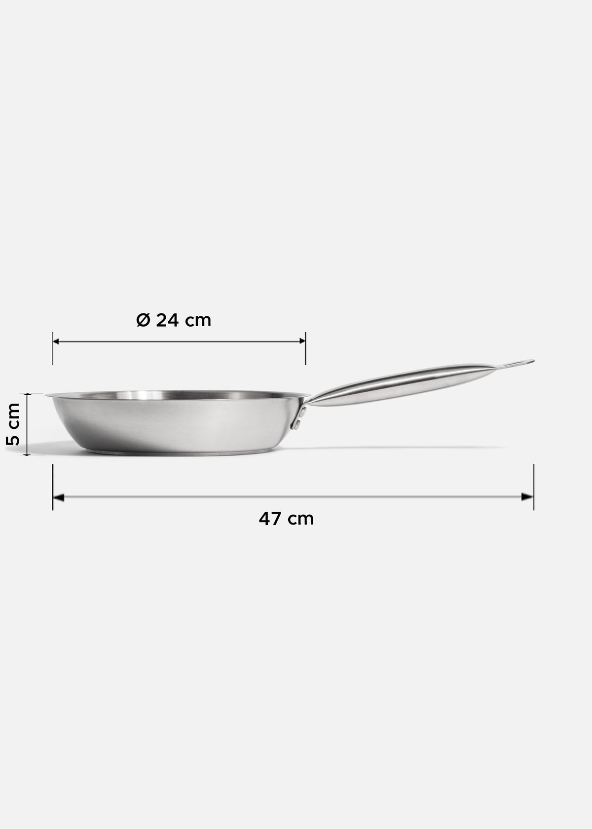 Sartén de acero inoxidable quirúrgico plata para cocción y preparación de alimentos Silver Chef. Largo 47 cm (19"), ancho 3 cm (1"), alto 5 cm (2"), Ø 24 cm (9") — imagen de producto