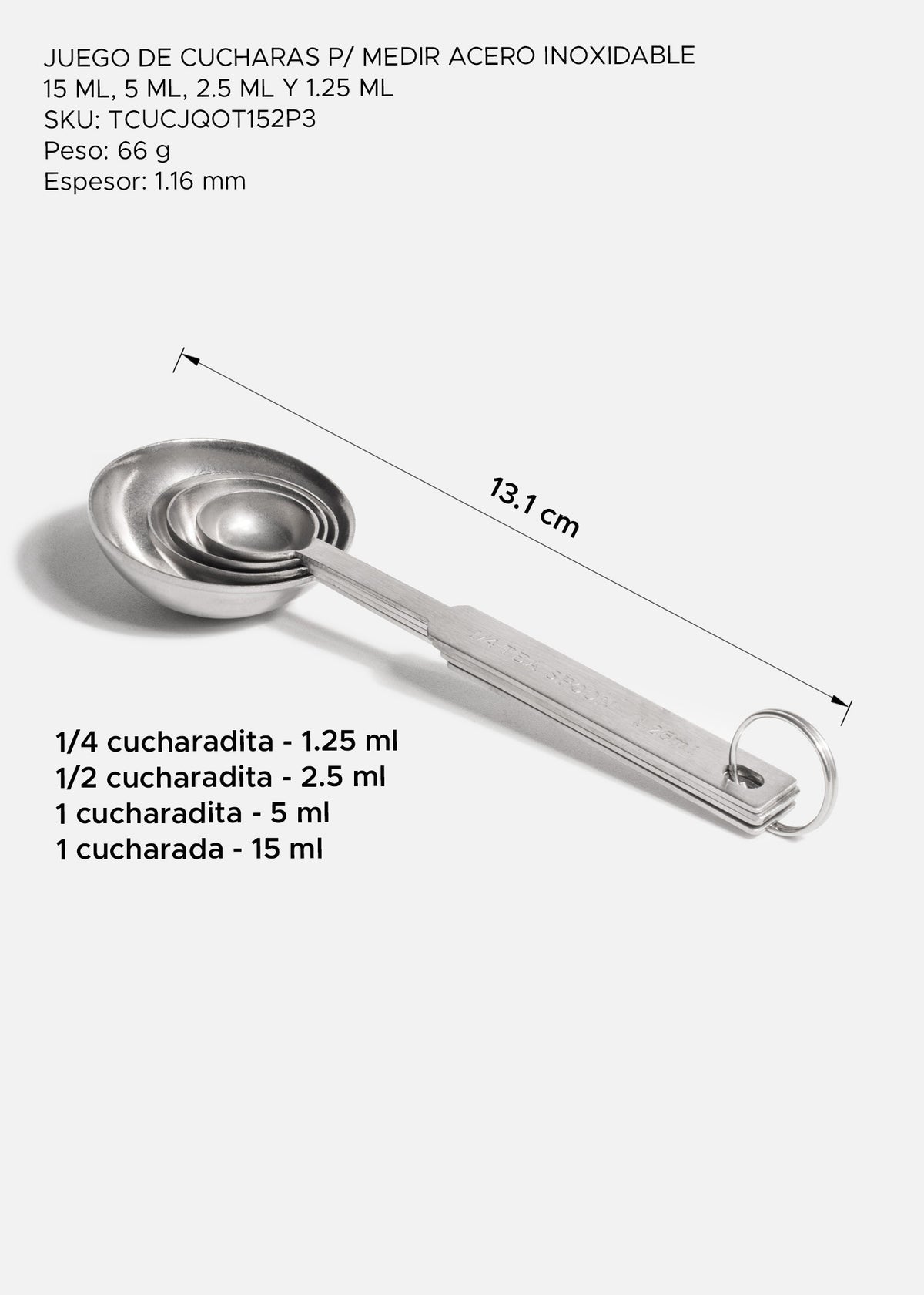 Set de cucharas medidoras de acero inoxidable plata medición precisa para cocina y repostería 4 pz 1.25 ml, 2.5 ml, 5 ml y 15 ml — imagen de producto
