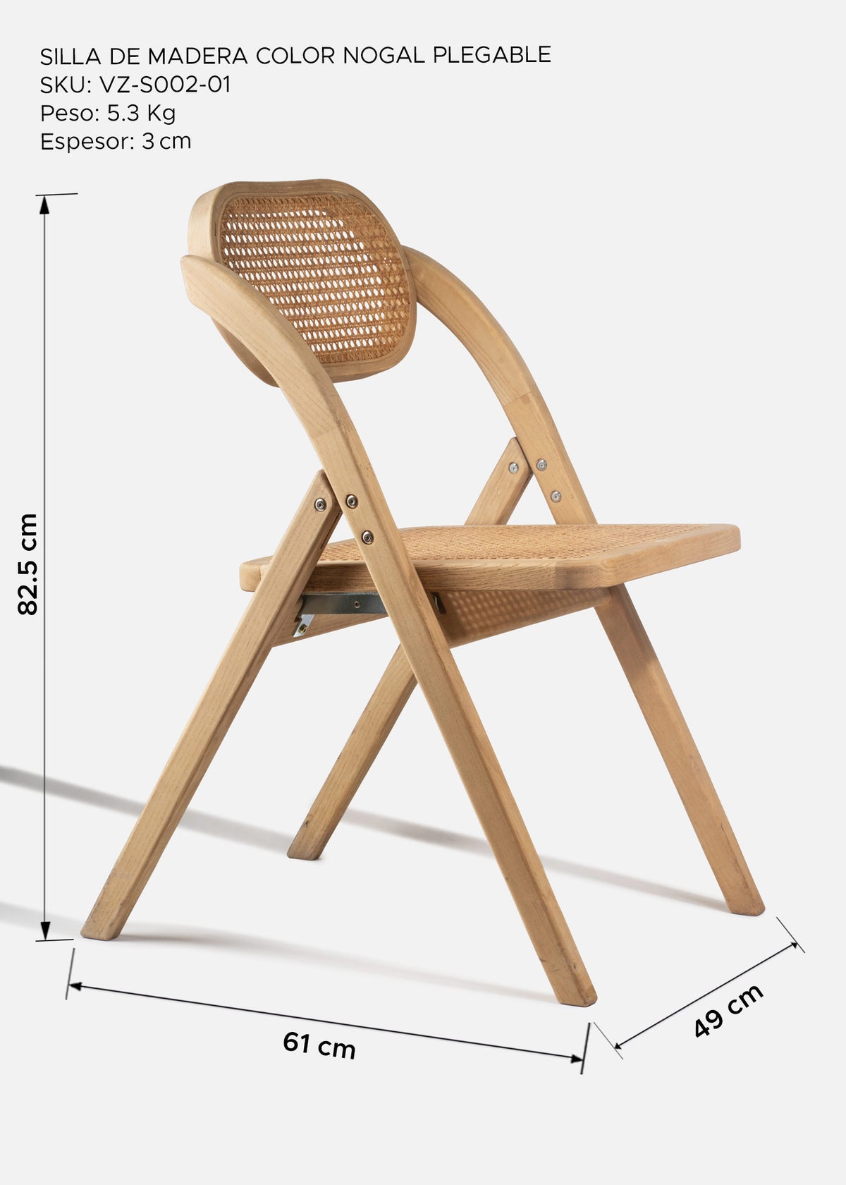 Silla plegable elegante y resistente de madera color nogal. Alto 82.5 cm (32"), largo 61 cm (24"), ancho 49 cm (19") — imagen de producto
