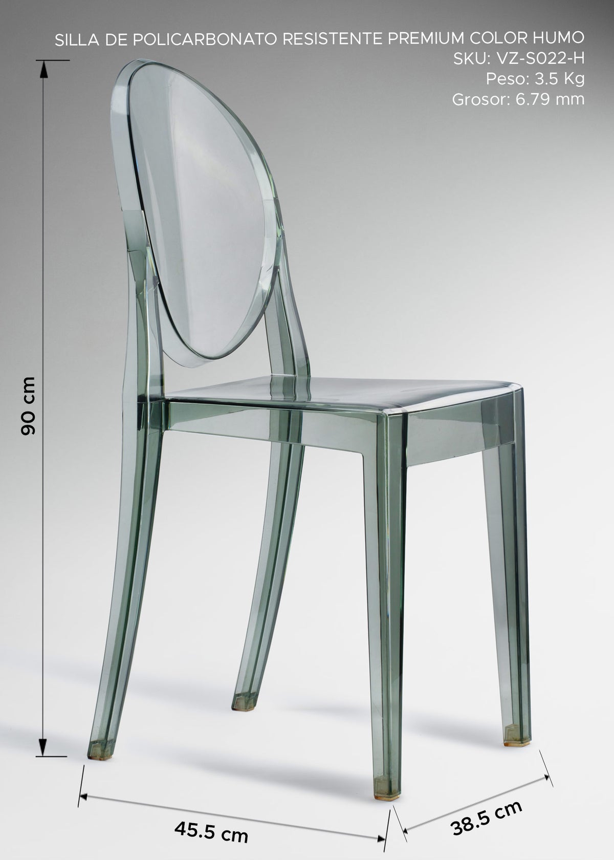 Silla de policarbonato premium humo moderna y elegante. Alto 90 cm, largo 45.5 cm, ancho 38.5 cm — imagen de producto