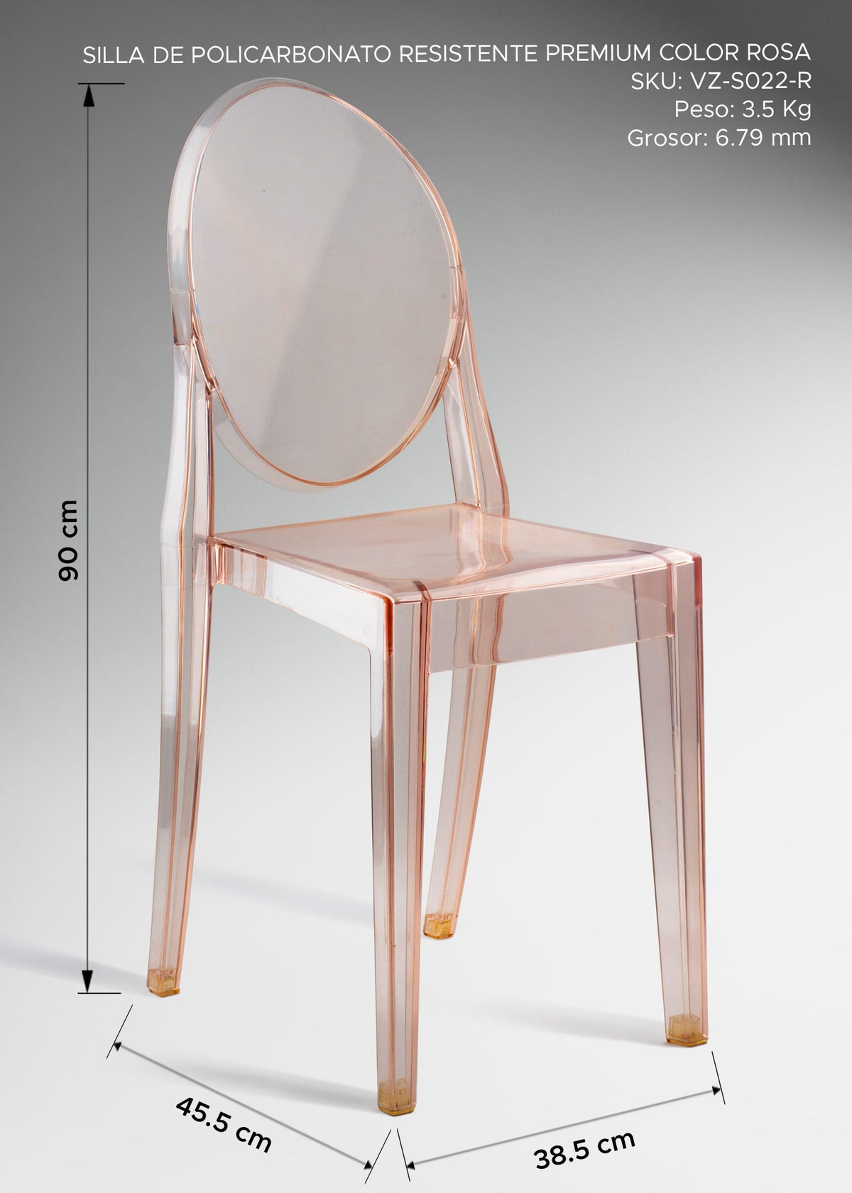 Silla de policarbonato premium rosa moderna y elegante. Alto 90 cm, largo 45.5 cm, ancho 38.5 cm — imagen de producto