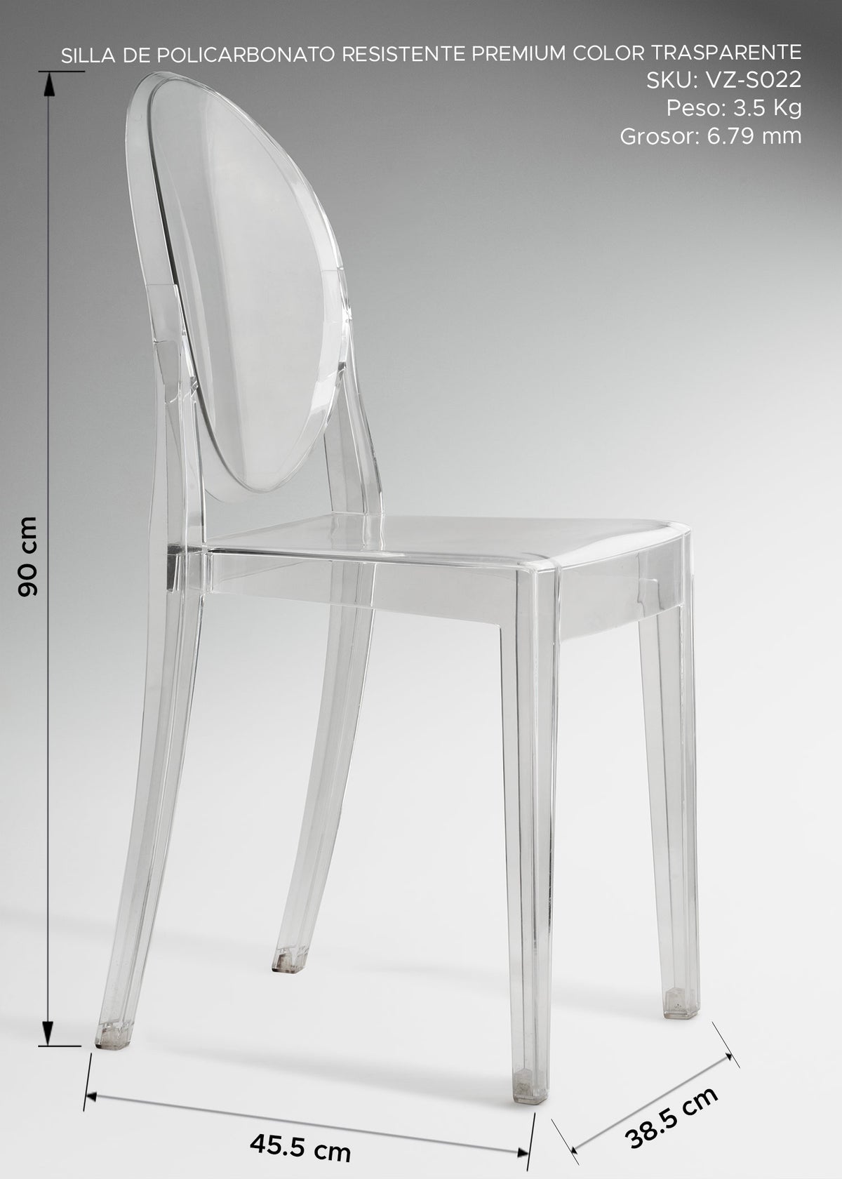 Silla de policarbonato premium transparente moderna y elegante. Alto 90 cm, largo 45.5 cm, ancho 38.5 cm — imagen de producto