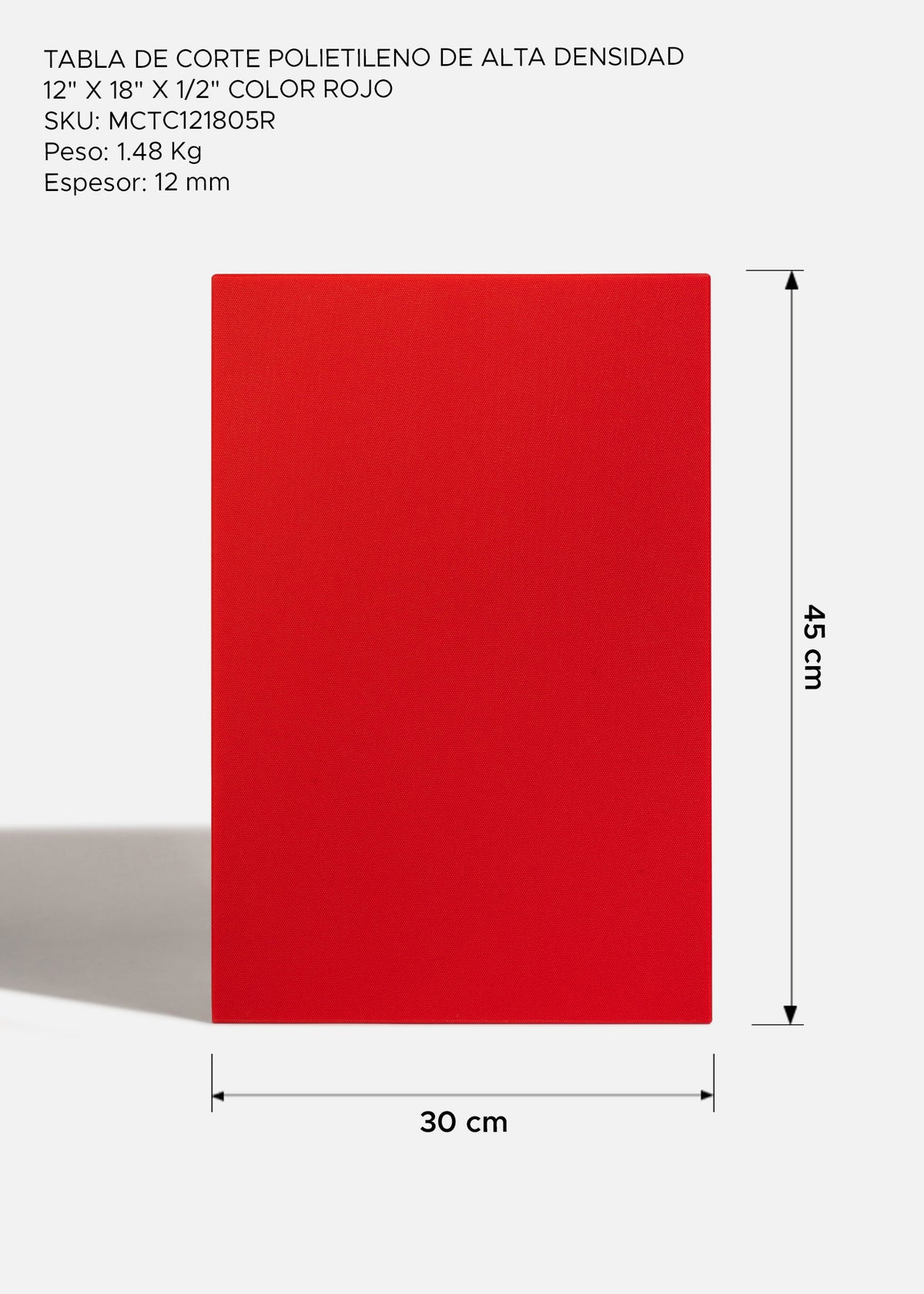Tabla de corte profesional FDA de polietileno para carnes rojas, roja. Largo 45 cm, ancho 30 cm, grosor 1 cm — imagen de producto