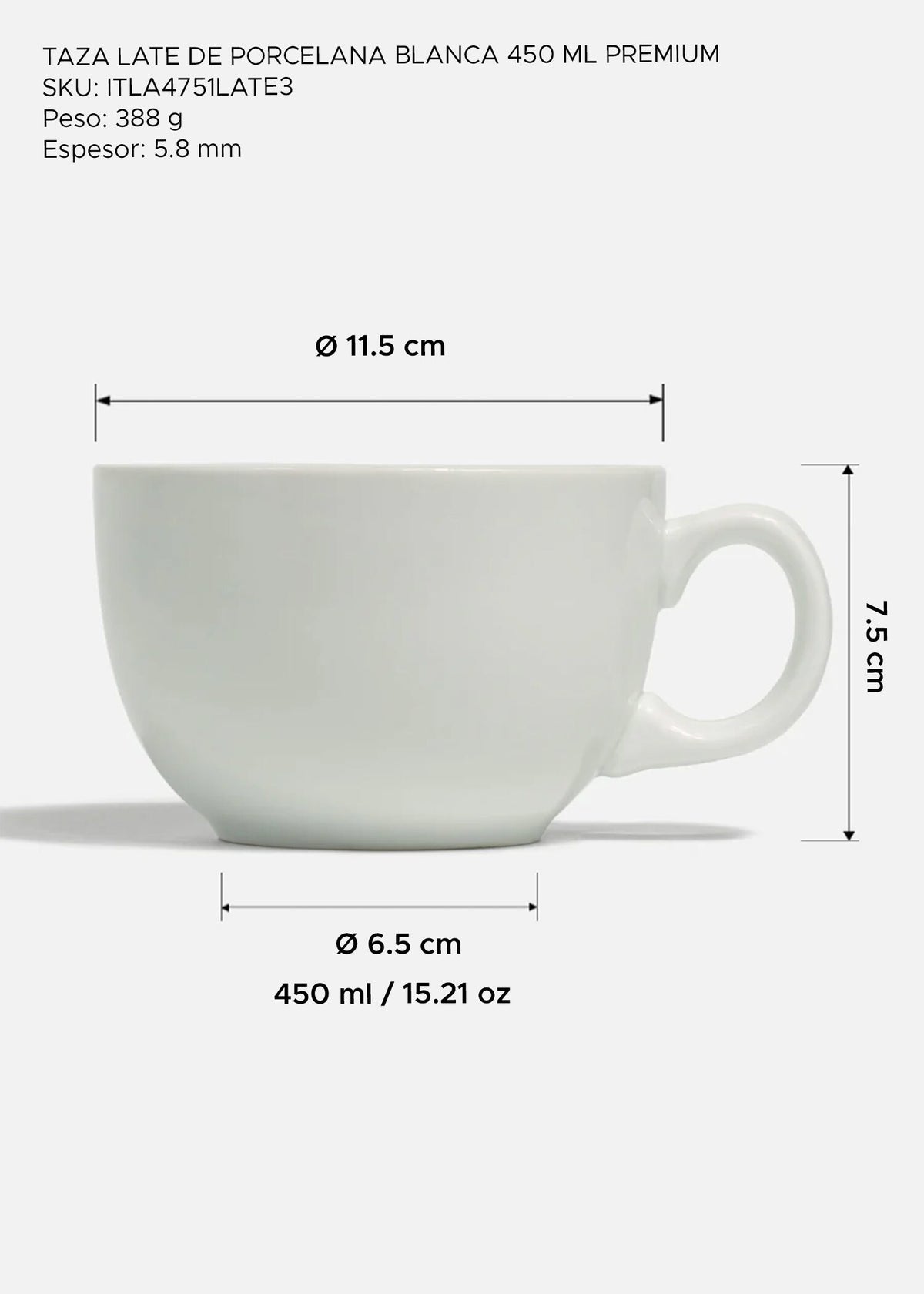 Taza de porcelana para latte blanca Brew 450 ml. Premium — imagen de producto