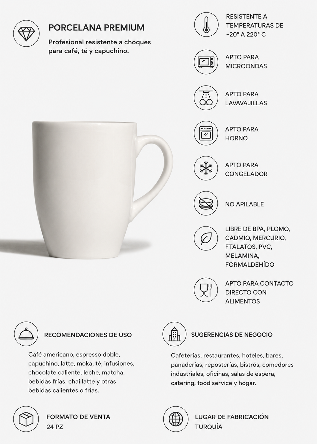 Taza de porcelana resistente a choques para cafetería