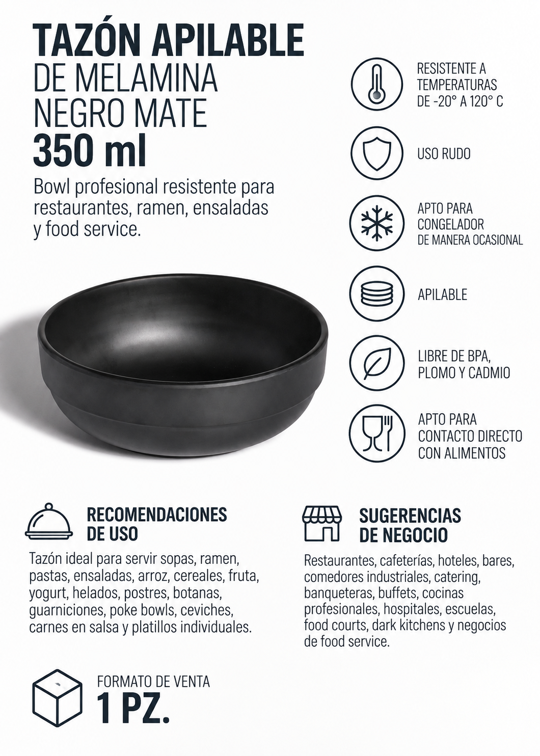 Tazón negro de 350 ml para ramen y sopas