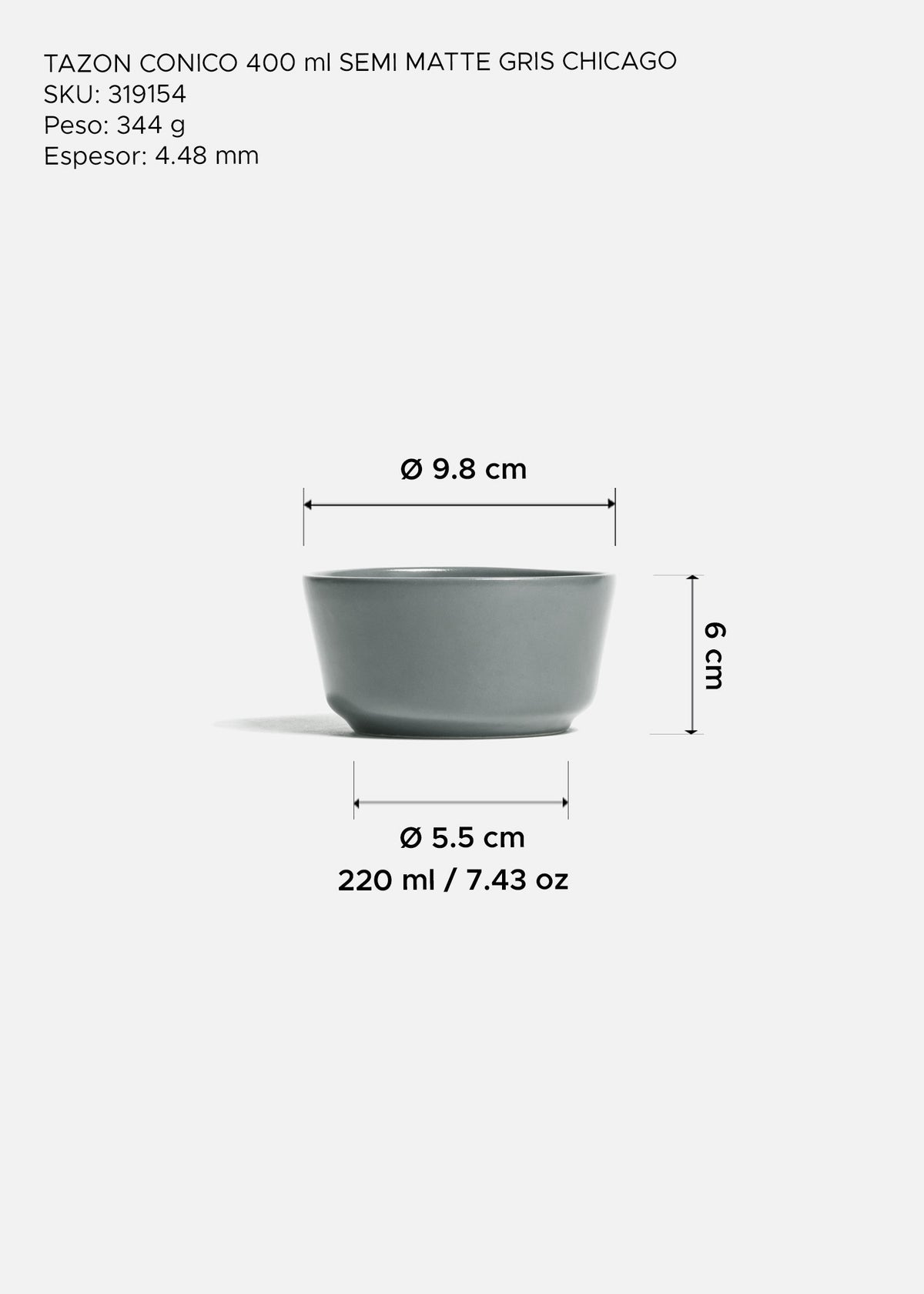 Tazón de cerámica gris semi mate para restaurante Chicago 400 ml - Ø 12.3 cm — imagen de producto
