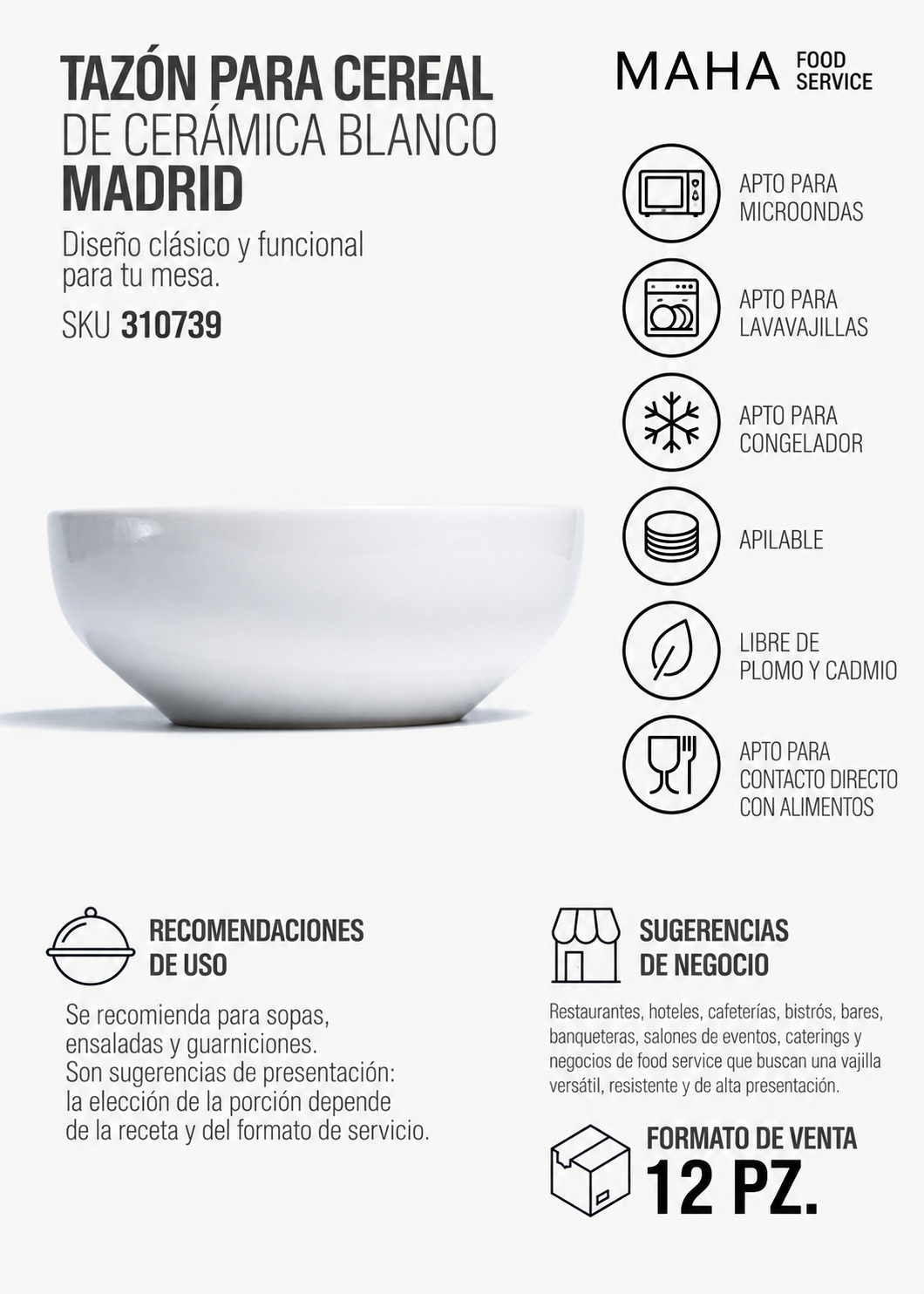 Tazón para cereal de cerámica blanco Madrid 500 ml — imagen de producto