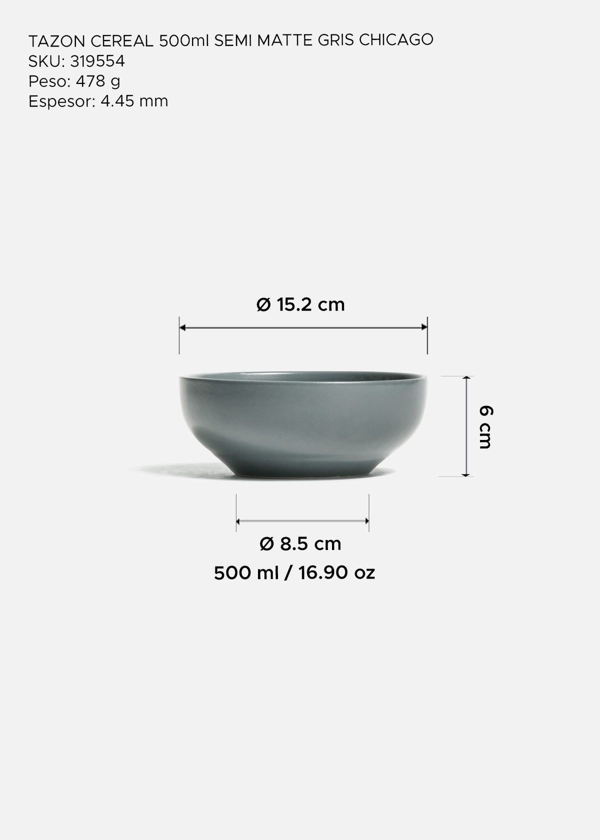 Tazón para cereal de cerámica gris semi mate Chicago 500 ml – Ø 15.2 cm — imagen de producto