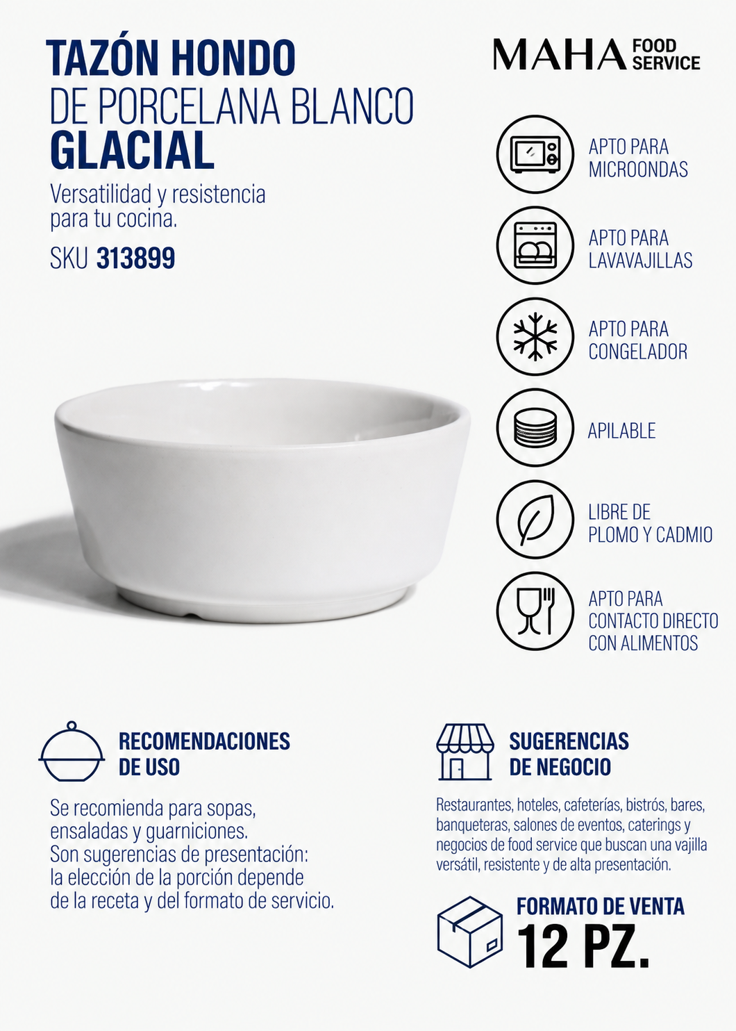 Tazón hondo de porcelana blanco Glacial 550 ml — imagen de producto