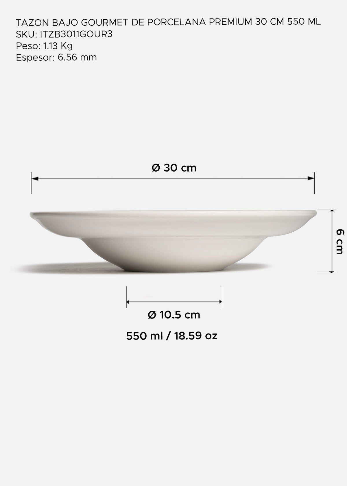 Tazón profesional de porcelana vitrificada blanco premium muy resistente Gourmet 550 ml, Ø 30 cm — imagen de producto