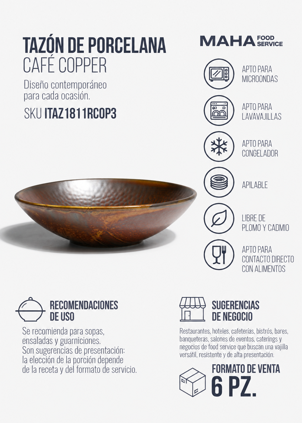 Tazón de porcelana café Copper 18 cm, 500 ml — imagen de producto