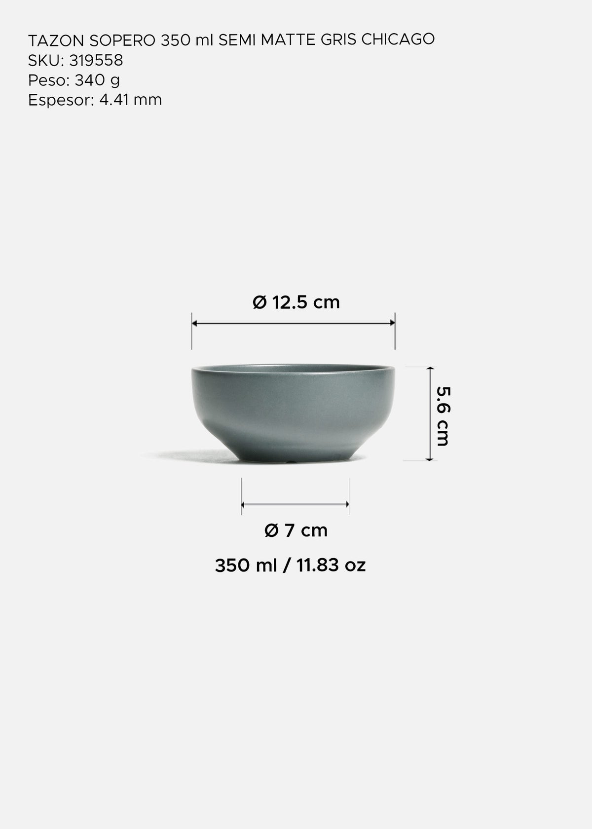 Tazón sopero de cerámica gris semi mate Chicago 350 ml - Ø 12.5 cm — imagen de producto
