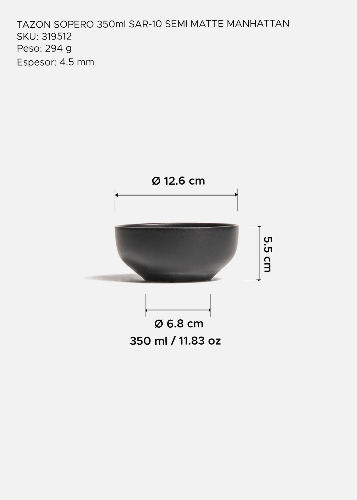 Tazón sopero de cerámica negro semi mate Baltimore 350 ml - Ø 12.6 cm — imagen de producto