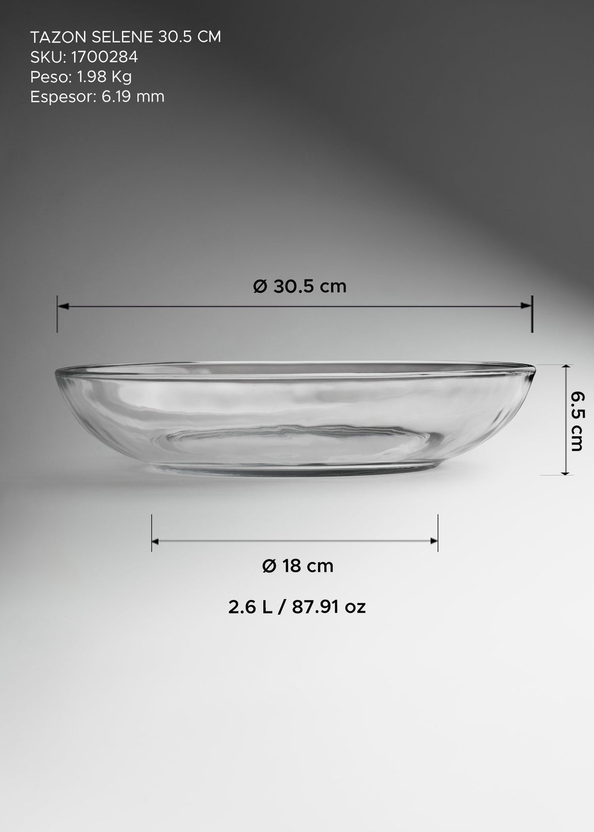 Tazón de vidrio transparente para ensaladas y presentaciones profesionales Selene. Alto 6.5 cm (2.5") , Ø 30.5 cm (12"), 2.6 L (88 oz) — imagen de producto