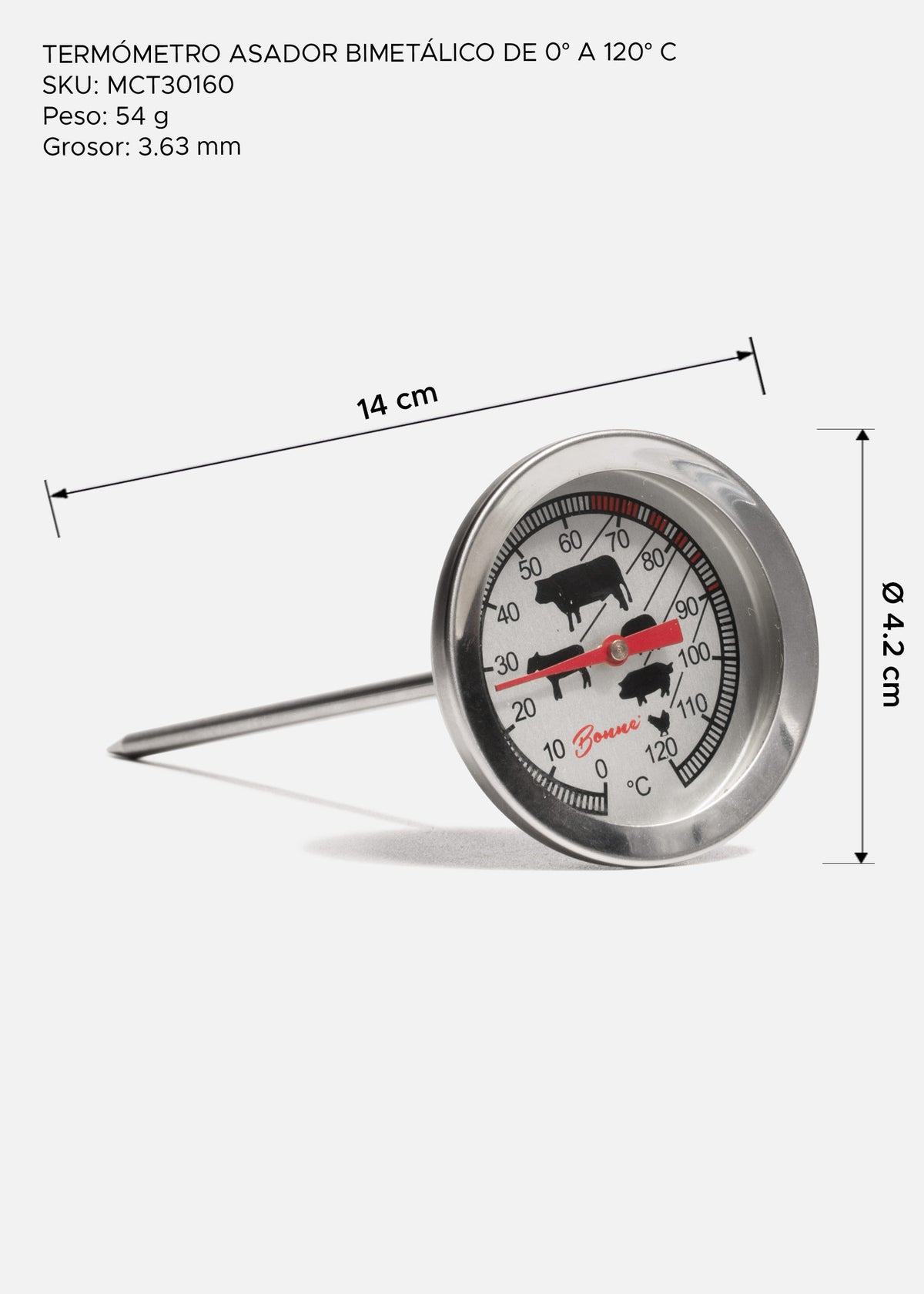 Termómetro bimetálico para asador de acero inoxidable control presciso de cocción y temperatura de 0° a 120° C — imagen de producto