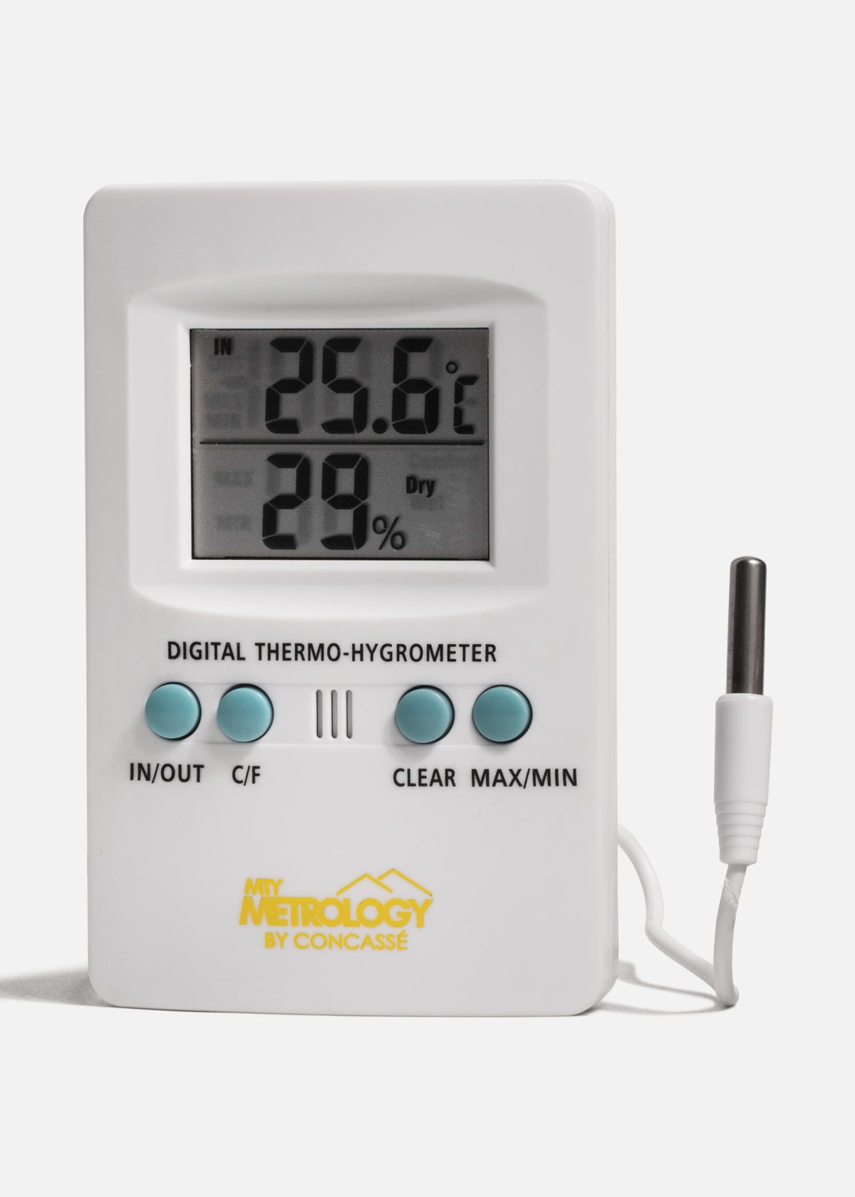 Termómetro digital interior y exterior con higrómetro de plástico blanco control de temperatura y humedad. Profesional -10° a 50° C / -50° a 70° C con alarma — imagen de producto