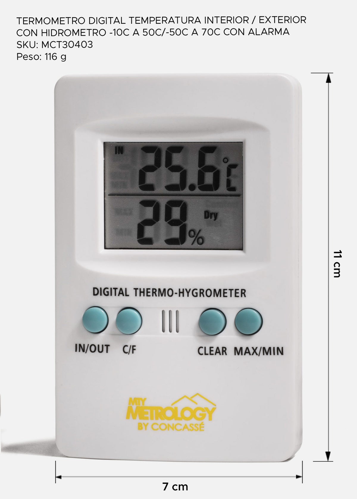 Termómetro digital interior y exterior con higrómetro de plástico blanco control de temperatura y humedad. Profesional -10° a 50° C / -50° a 70° C con alarma — imagen de producto
