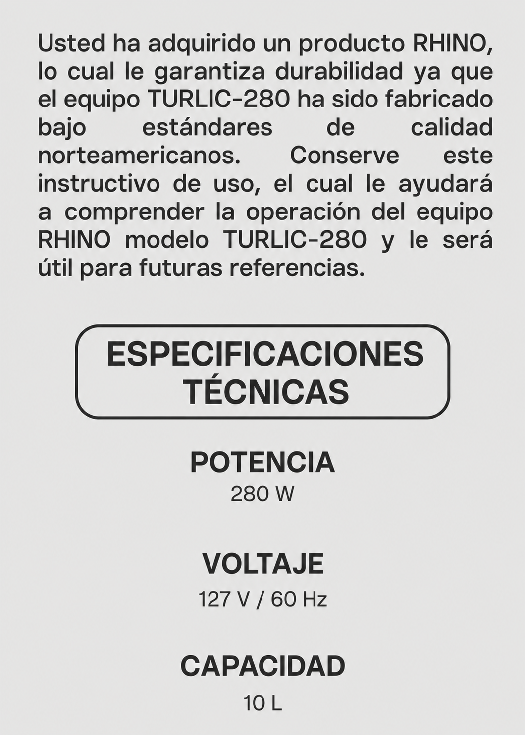 Turbolicuador industrial de acero inoxidable 10 Litros 280 Watts. Brazo de 24.5 cm. Plástico PA66 / CF60. Rhino TURLIC-280 — imagen de producto