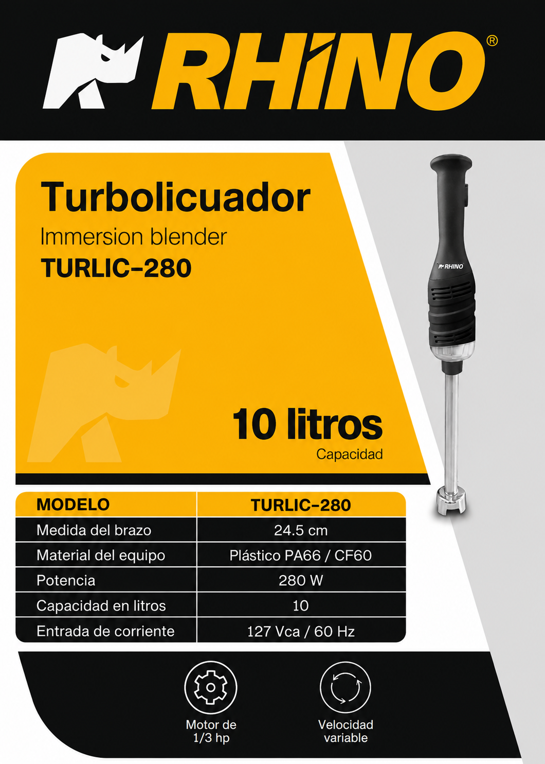 Turbolicuador industrial de acero inoxidable 10 Litros 280 Watts. Brazo de 24.5 cm. Plástico PA66 / CF60. Rhino TURLIC-280 — imagen de producto