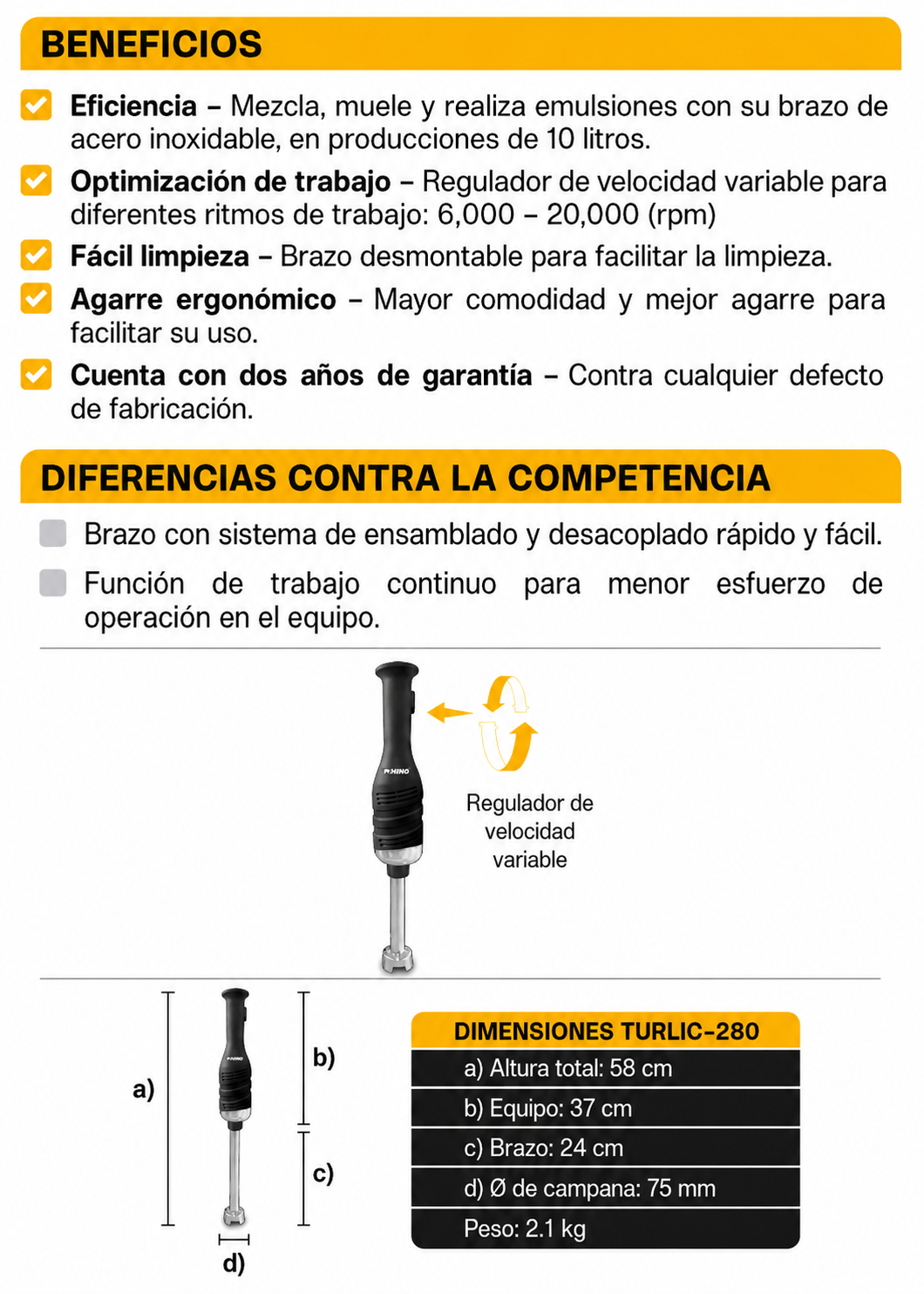 Turbolicuador industrial de acero inoxidable 10 Litros 280 Watts. Brazo de 24.5 cm. Plástico PA66 / CF60. Rhino TURLIC-280 — imagen de producto