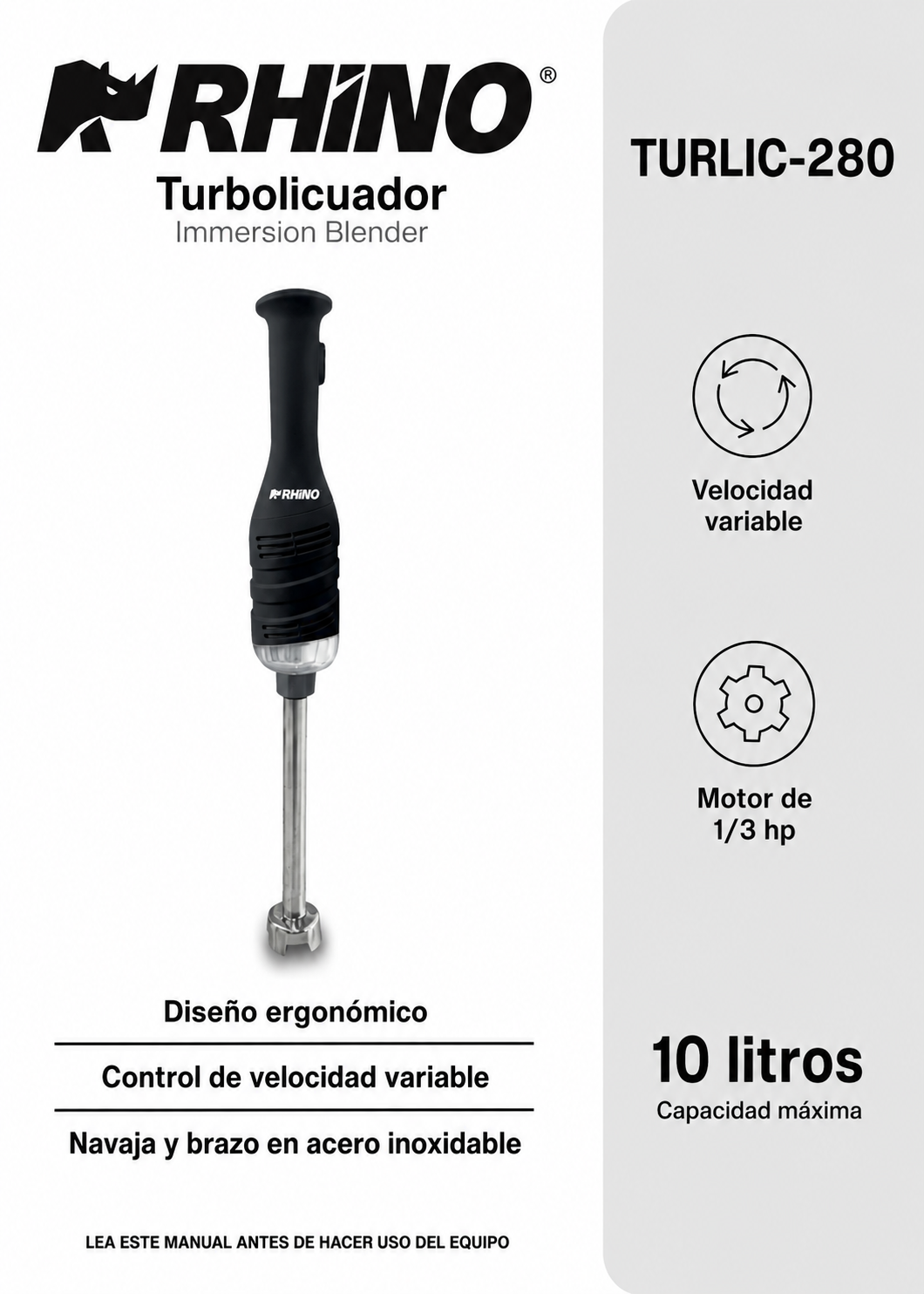Turbolicuador industrial de acero inoxidable 10 Litros 280 Watts. Brazo de 24.5 cm. Plástico PA66 / CF60. Rhino TURLIC-280 — imagen de producto