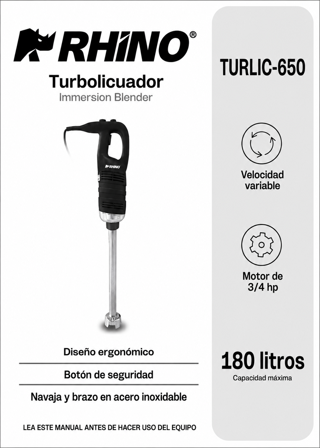 Turbolicuador industrial de acero inoxidable 180 L 650 Watts. Brazo de 51.7 cm. Plástico PA66 / CF30.Rhino TURLIC-650 — imagen de producto