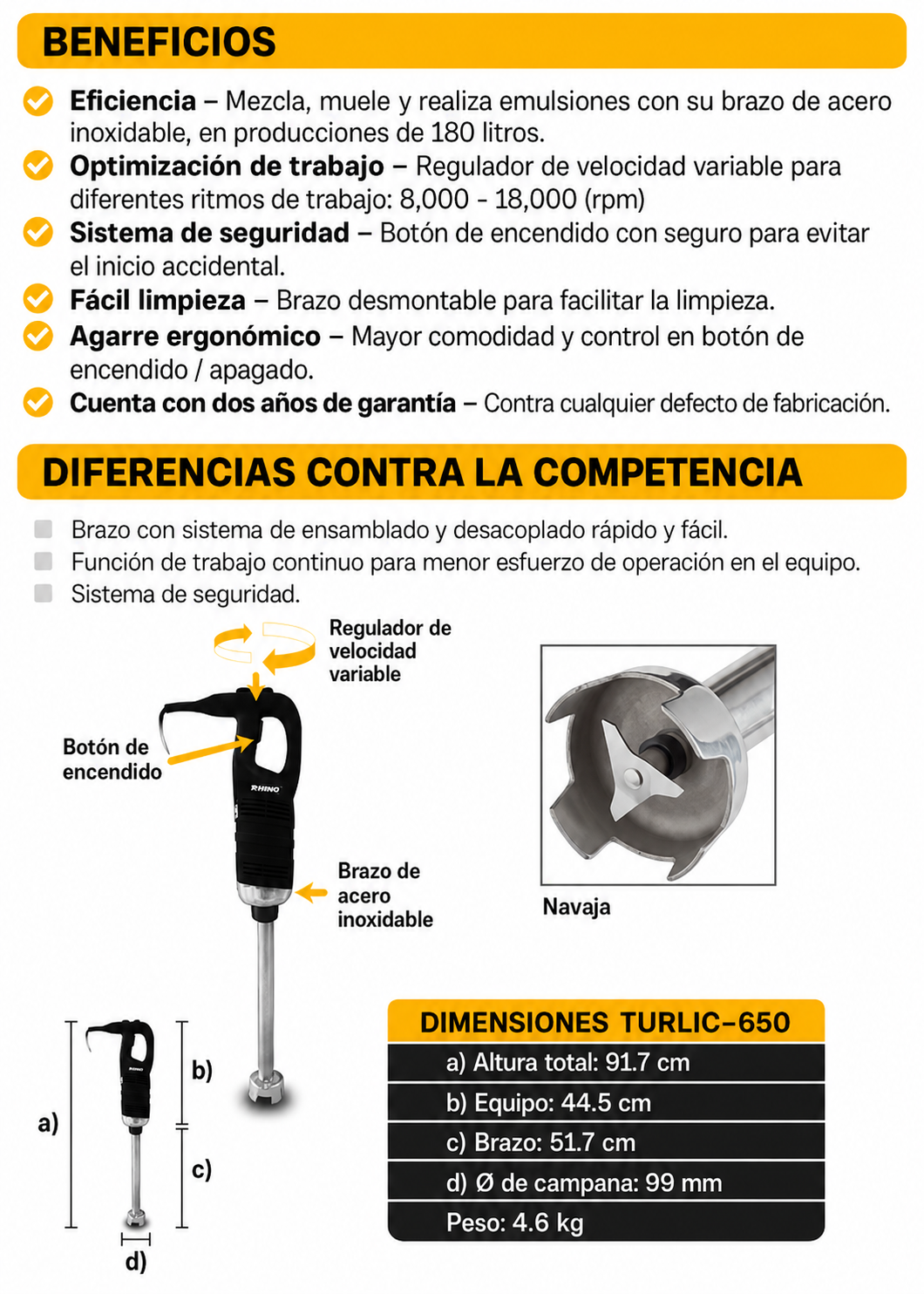 Turbolicuador industrial de acero inoxidable 180 L 650 Watts. Brazo de 51.7 cm. Plástico PA66 / CF30.Rhino TURLIC-650 — imagen de producto