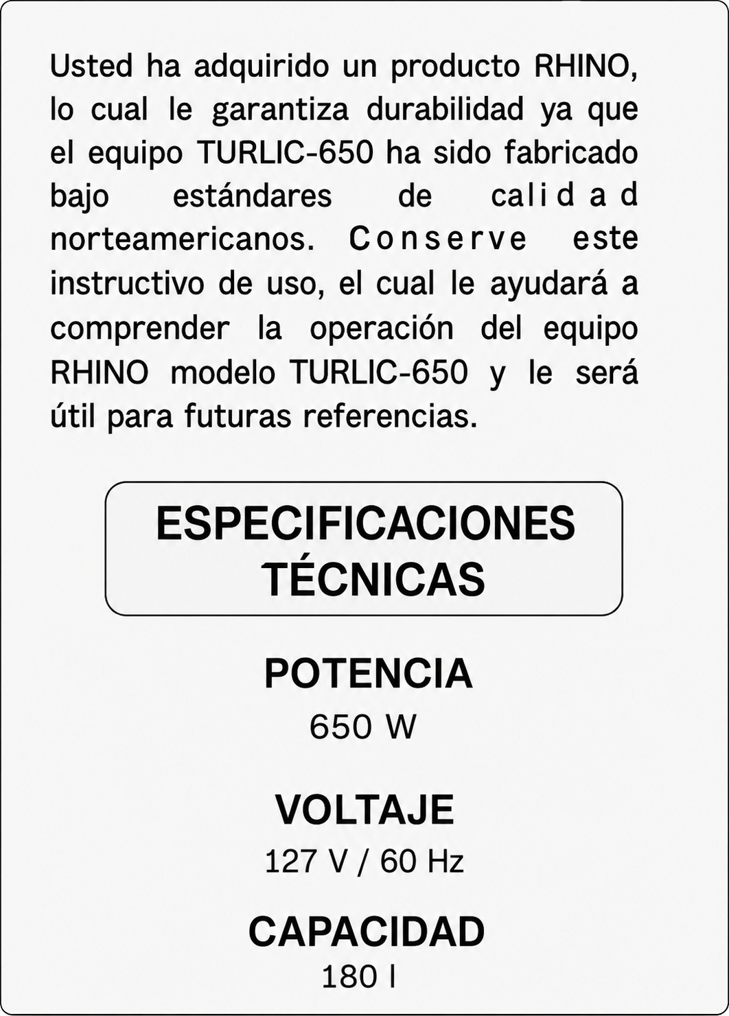 Turbolicuador industrial de acero inoxidable 180 L 650 Watts. Brazo de 51.7 cm. Plástico PA66 / CF30.Rhino TURLIC-650 — imagen de producto