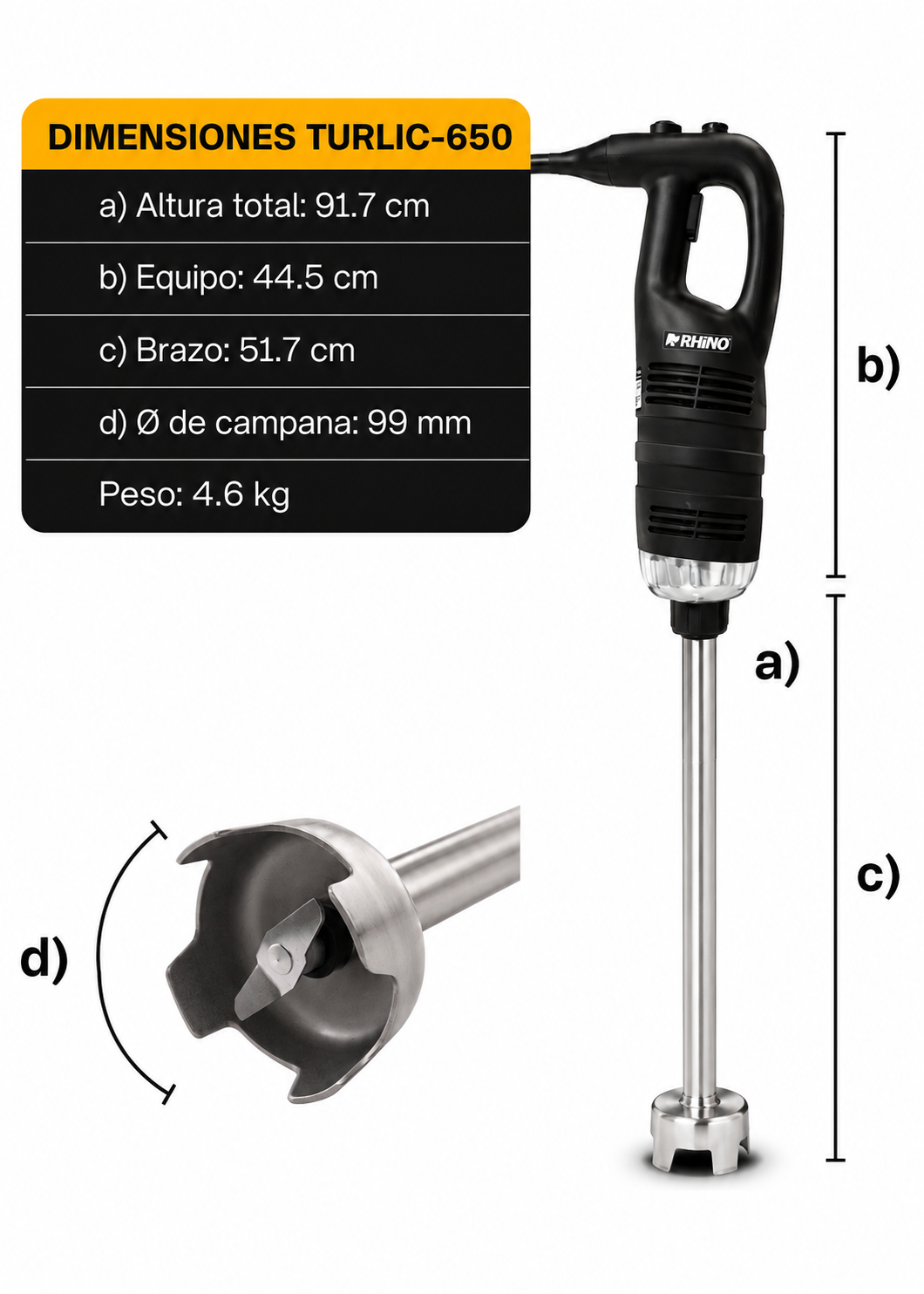 Turbolicuador industrial de acero inoxidable 180 L 650 Watts. Brazo de 51.7 cm. Plástico PA66 / CF30.Rhino TURLIC-650 — imagen de producto