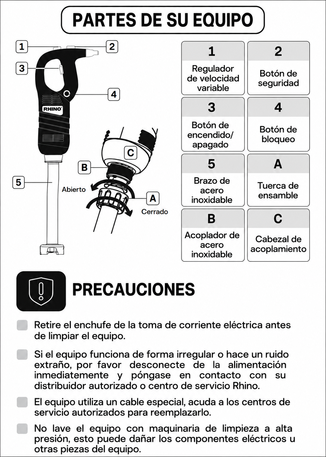 Turbolicuador industrial de acero inoxidable 180 L 650 Watts. Brazo de 51.7 cm. Plástico PA66 / CF30.Rhino TURLIC-650 — imagen de producto