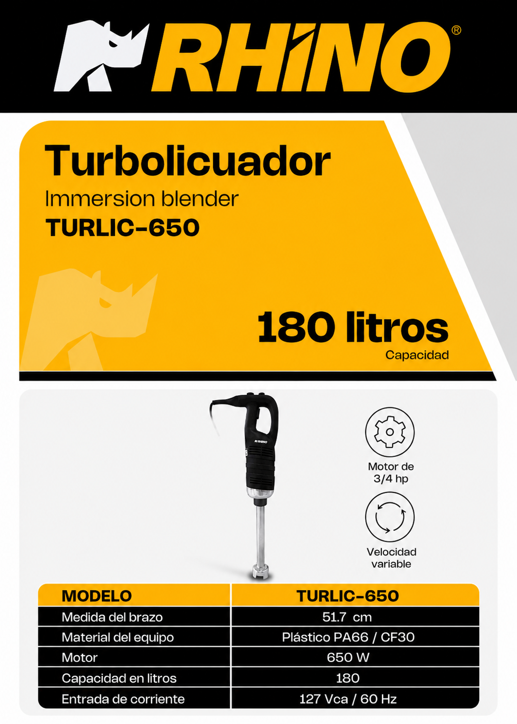 Turbolicuador industrial de acero inoxidable 180 L 650 Watts. Brazo de 51.7 cm. Plástico PA66 / CF30.Rhino TURLIC-650 — imagen de producto
