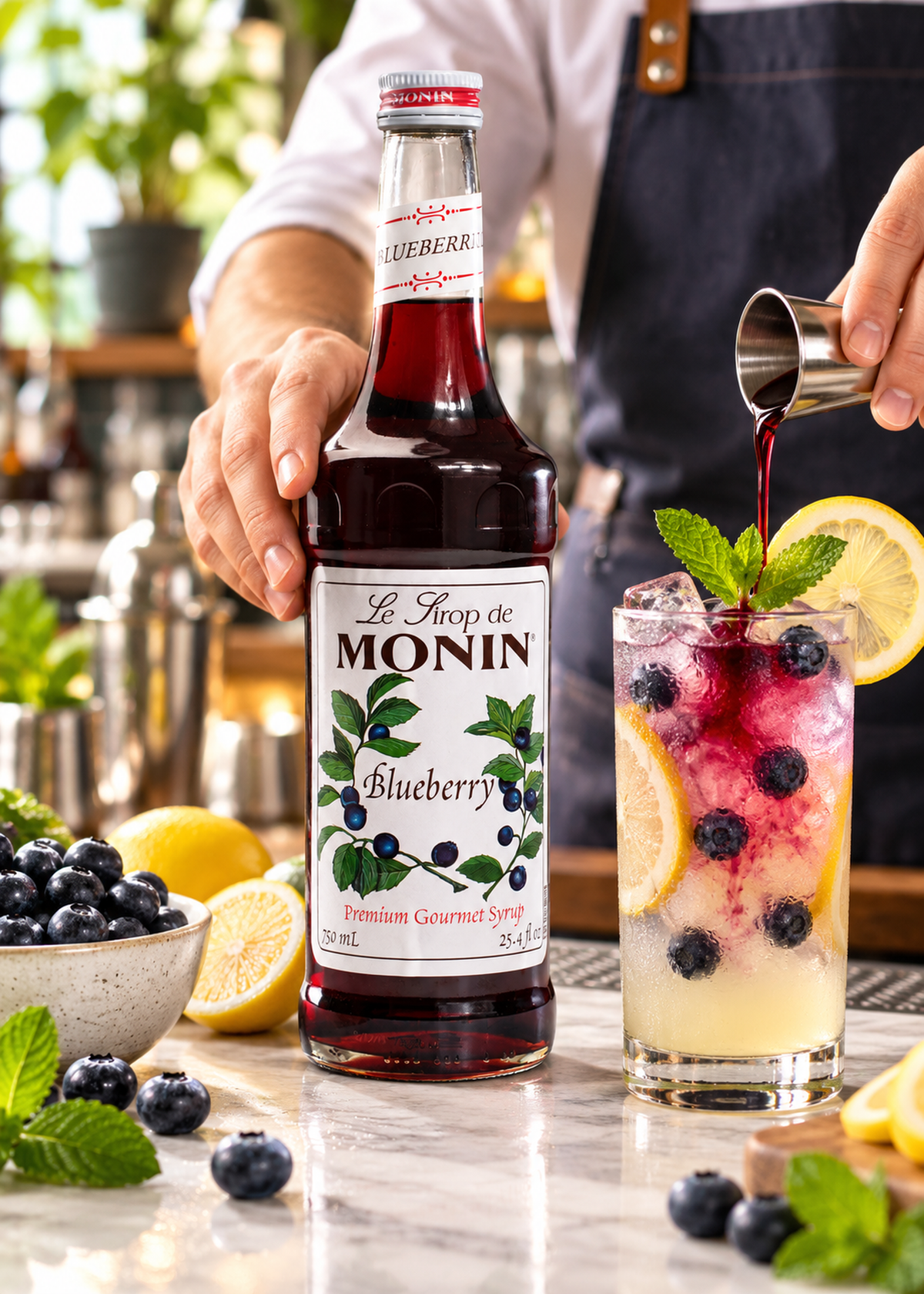 Jarabe de mora azul botella de vidrio Monin 750 ml — imagen de producto en uso