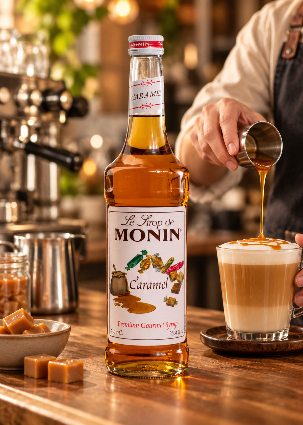 Jarabe de caramelo botella de vidrio Monin 750 ml — imagen de producto en uso