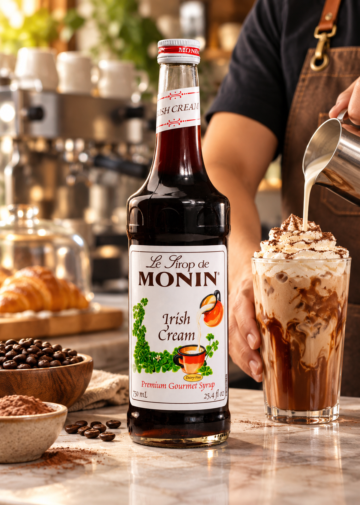 Jarabe de crema irlandesa botella de vidrio Monin 750 ml — imagen de producto en uso