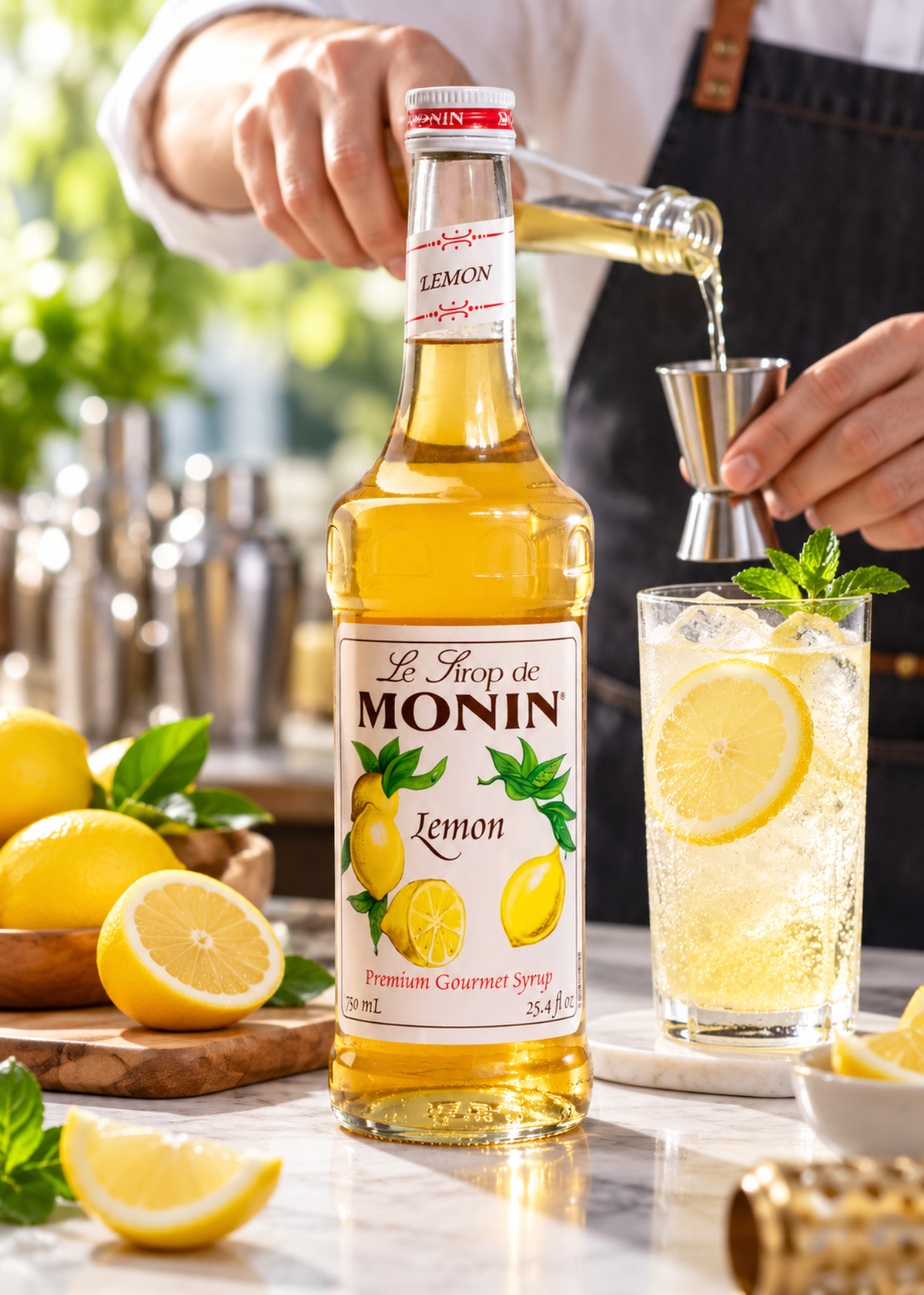Jarabe de limón botella de vidrio Monin 750 ml — imagen de producto en uso