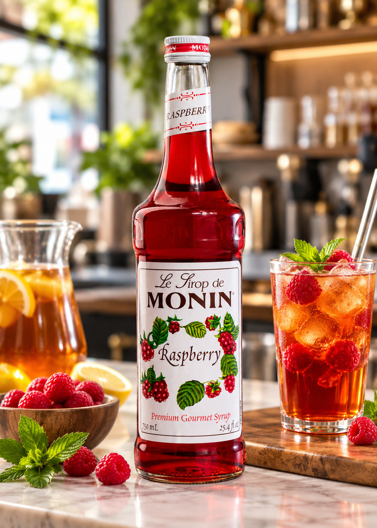 Jarabe de frambuesa botella de vidrio Monin 750 ml — imagen de producto en uso