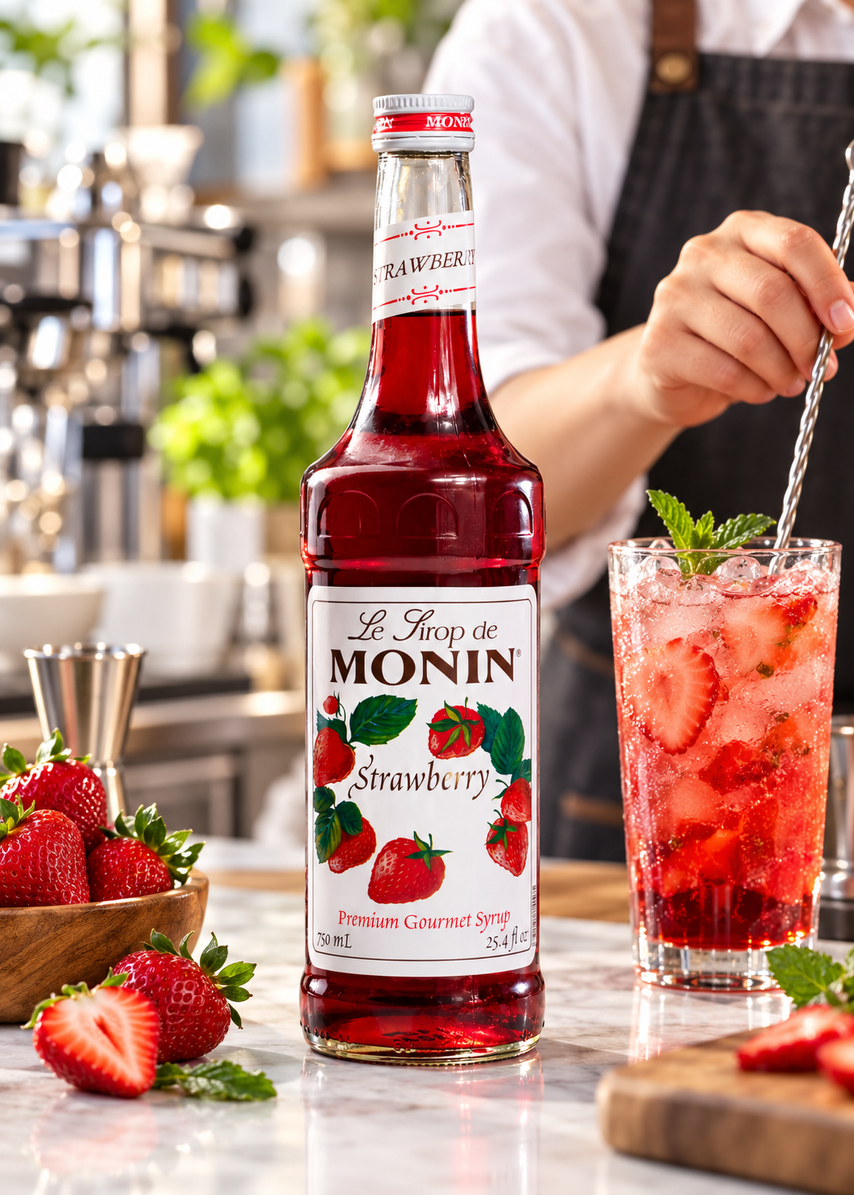 Jarabe de fresa botella de vidrio Monin 750 ml — imagen de producto en uso