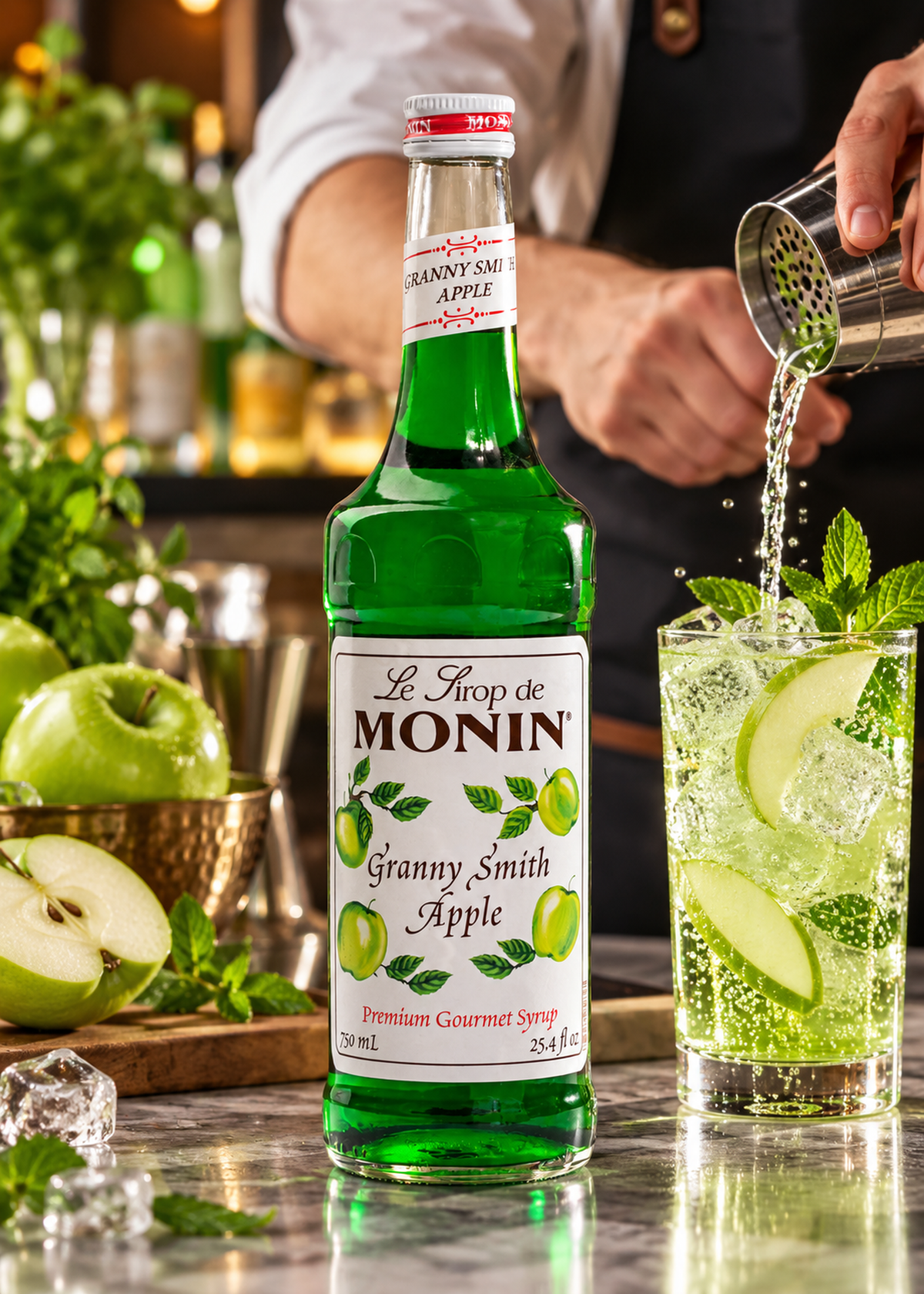 Jarabe de manzana botella de vidrio Monin 750 ml — imagen de producto en uso